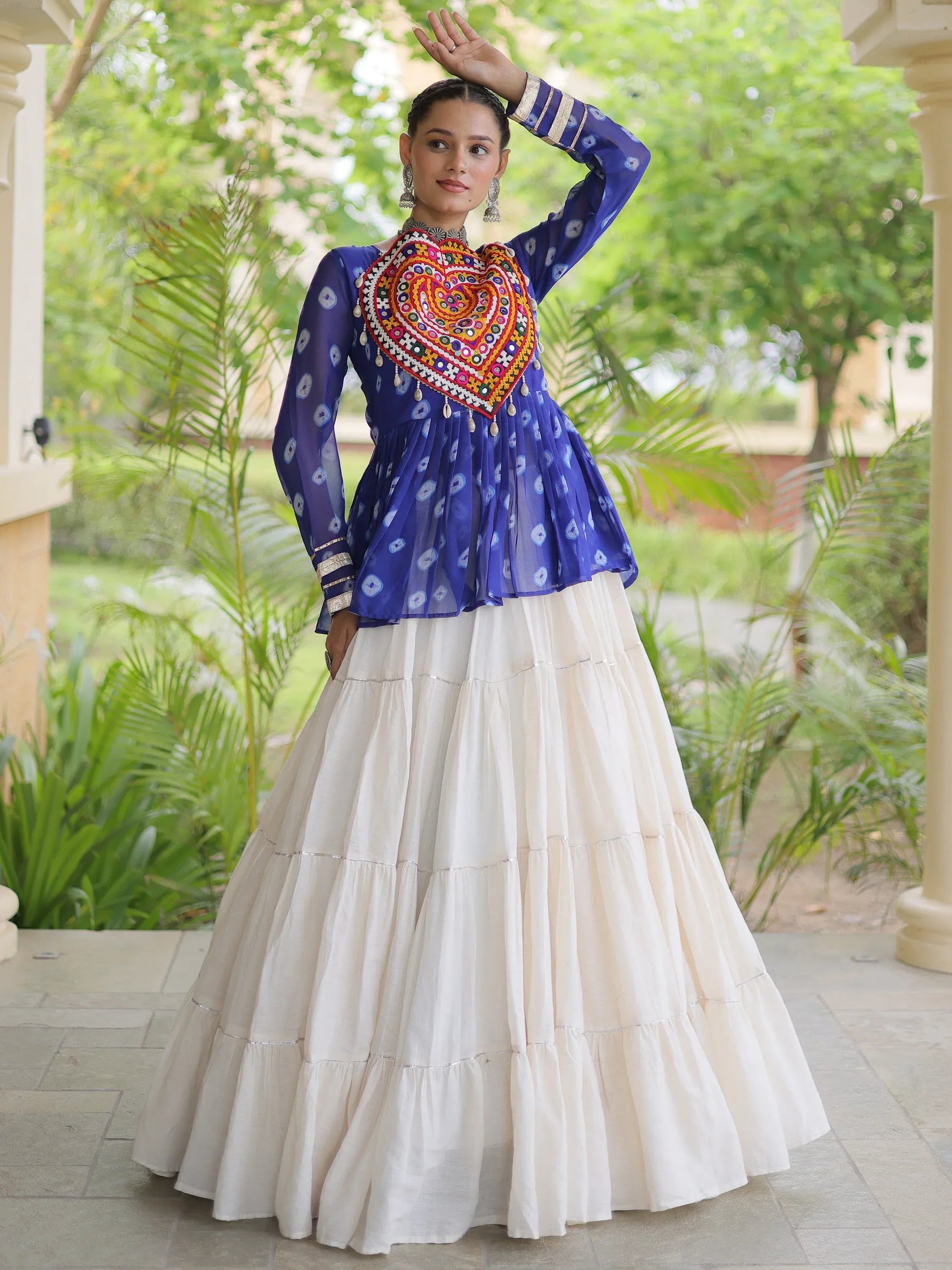 Royal Blue Cotton Navratri Wear Lehenga With Patch Work Peplum Top