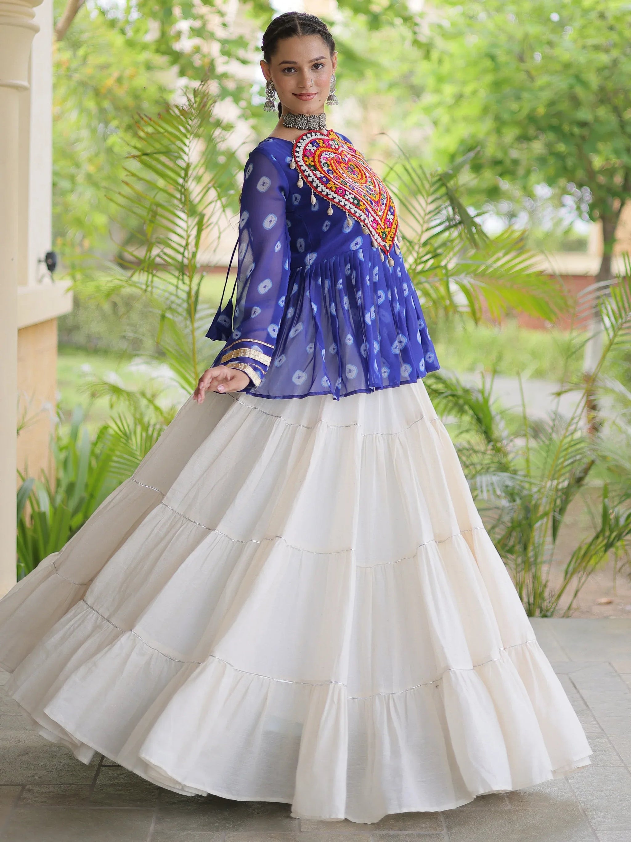 Royal Blue Cotton Navratri Wear Lehenga With Patch Work Peplum Top