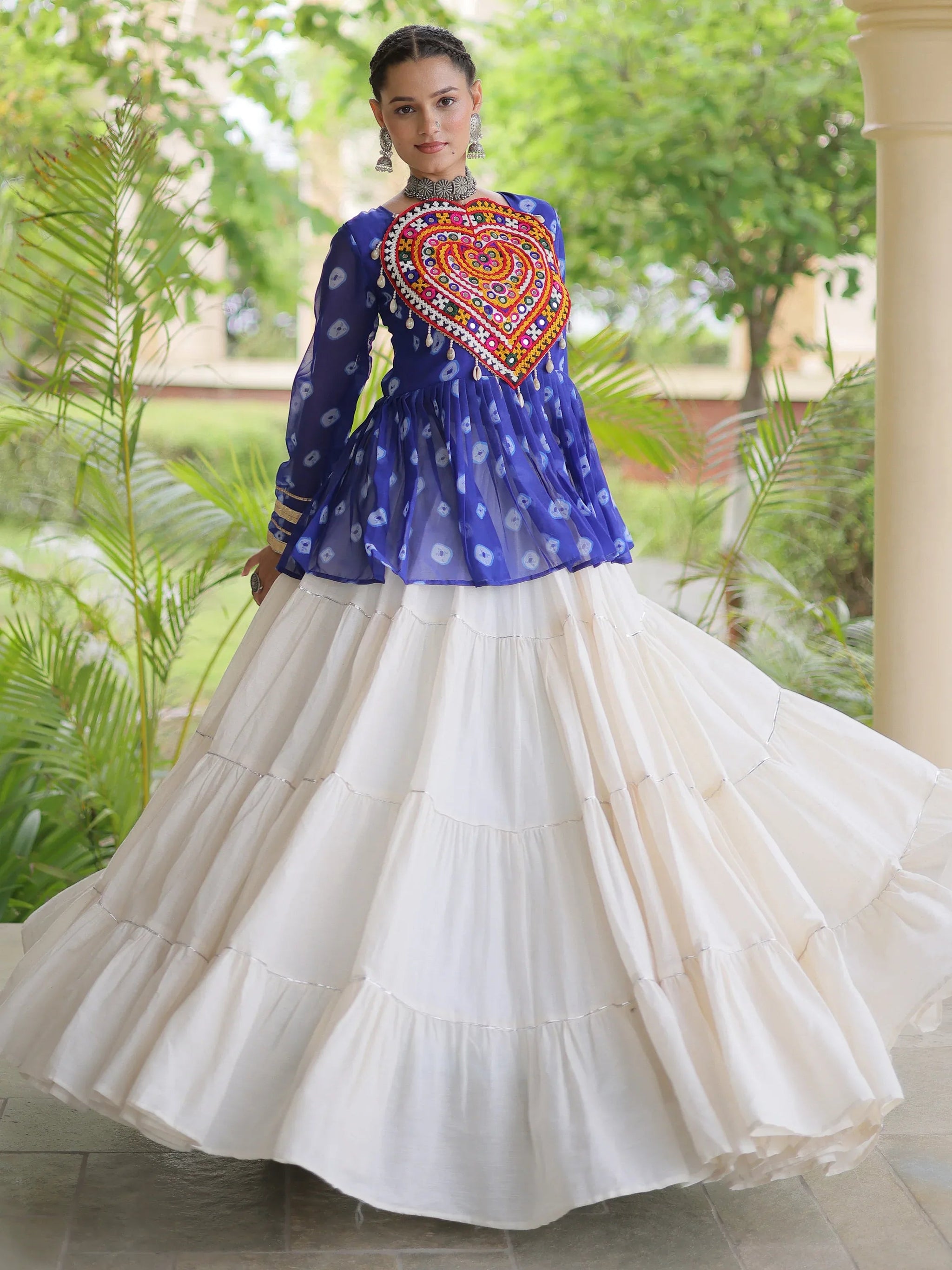 Royal Blue Cotton Navratri Wear Lehenga With Patch Work Peplum Top