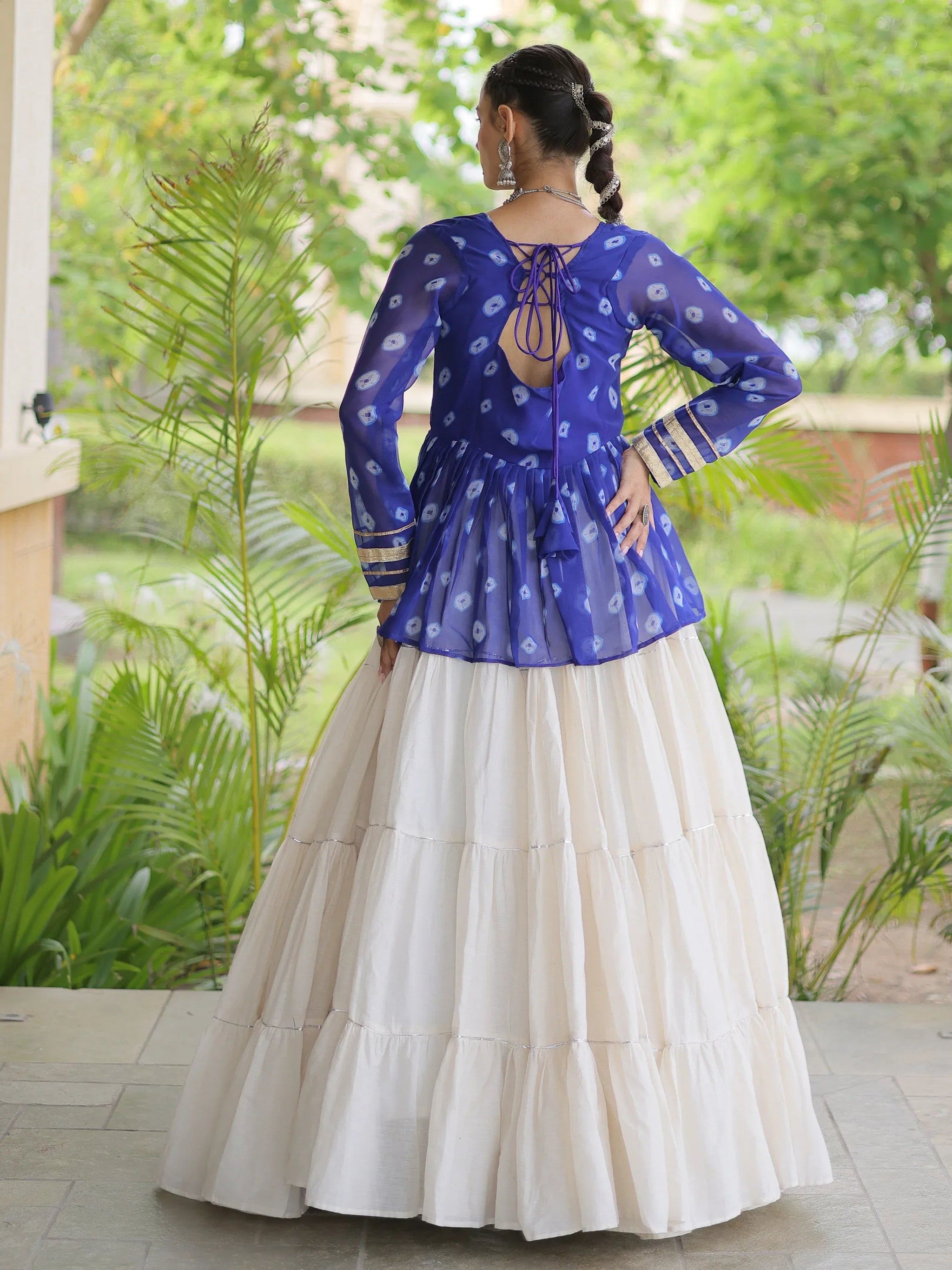 Royal Blue Cotton Navratri Wear Lehenga With Patch Work Peplum Top