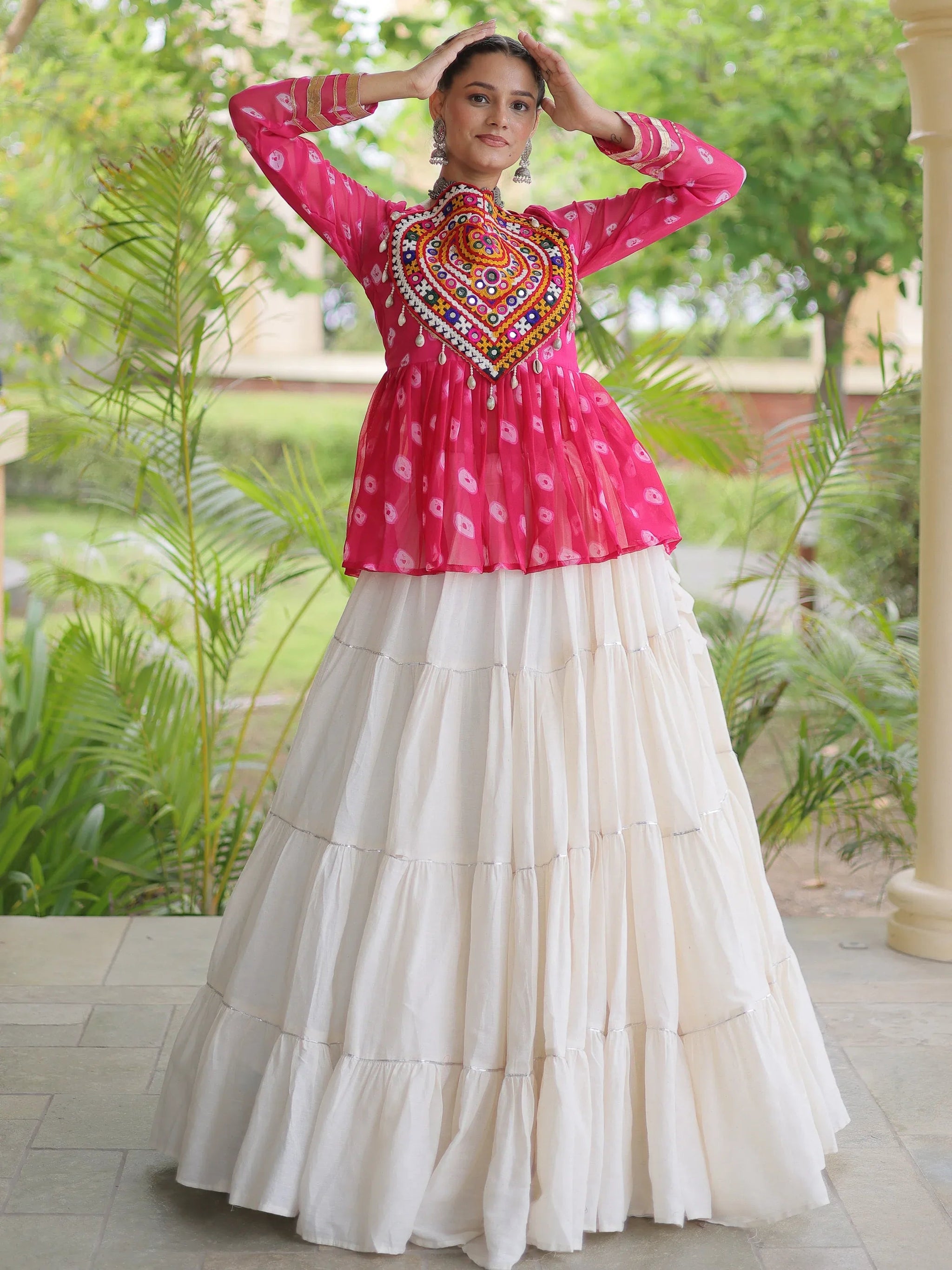 Rani Pink Cotton Navratri Wear Lehenga With Printed Peplum Top