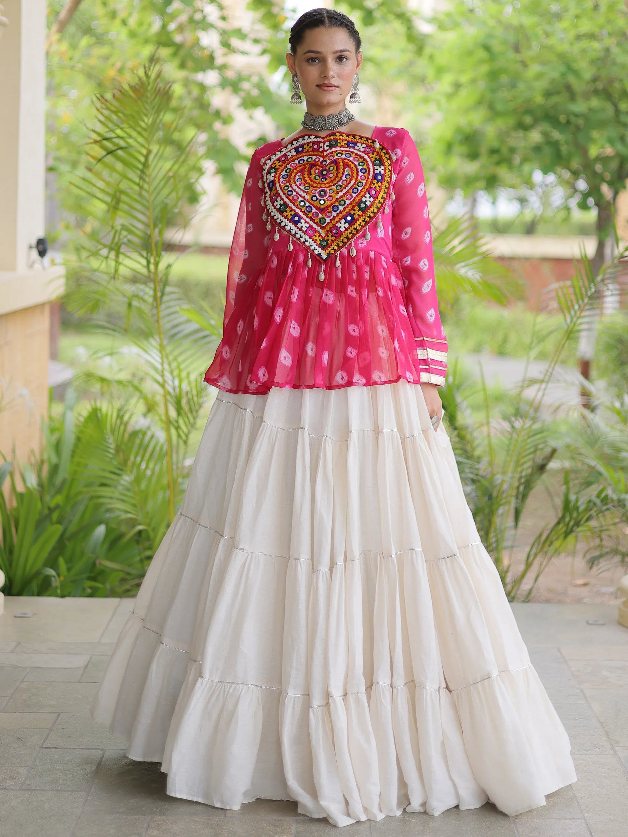 Rani Pink Cotton Navratri Wear Lehenga With Printed Peplum Top
