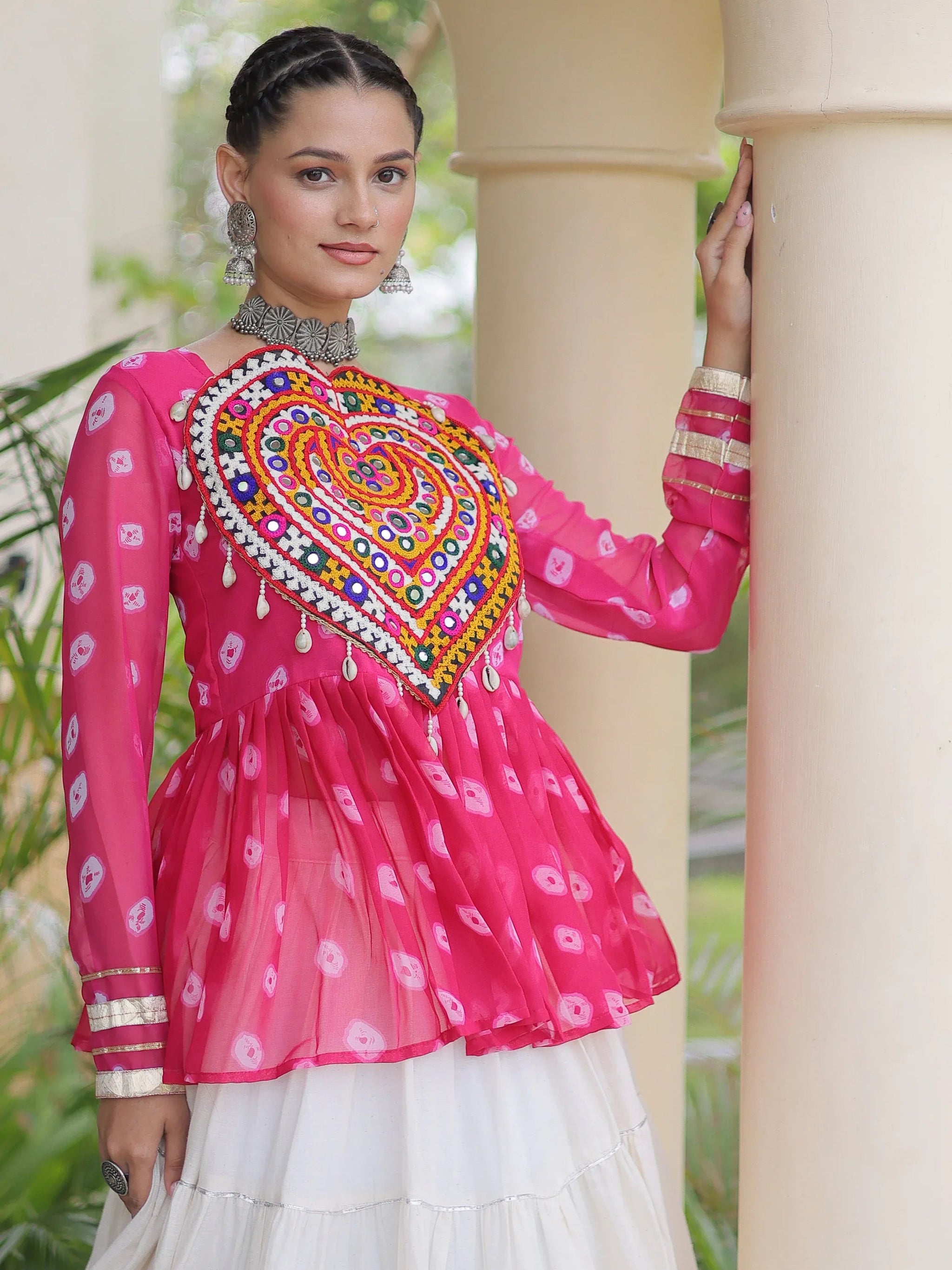 Rani Pink Cotton Navratri Wear Lehenga With Printed Peplum Top