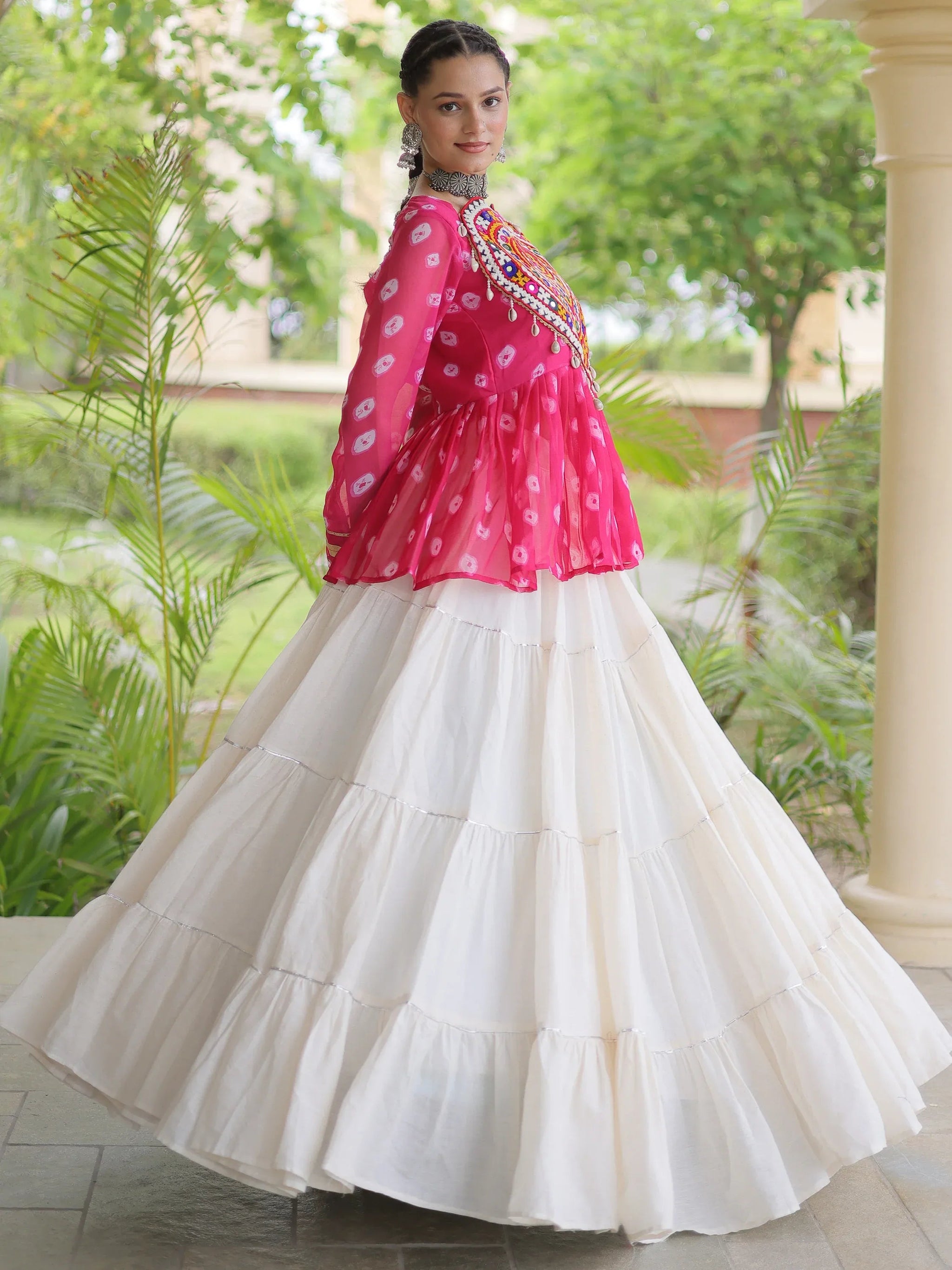 Rani Pink Cotton Navratri Wear Lehenga With Printed Peplum Top