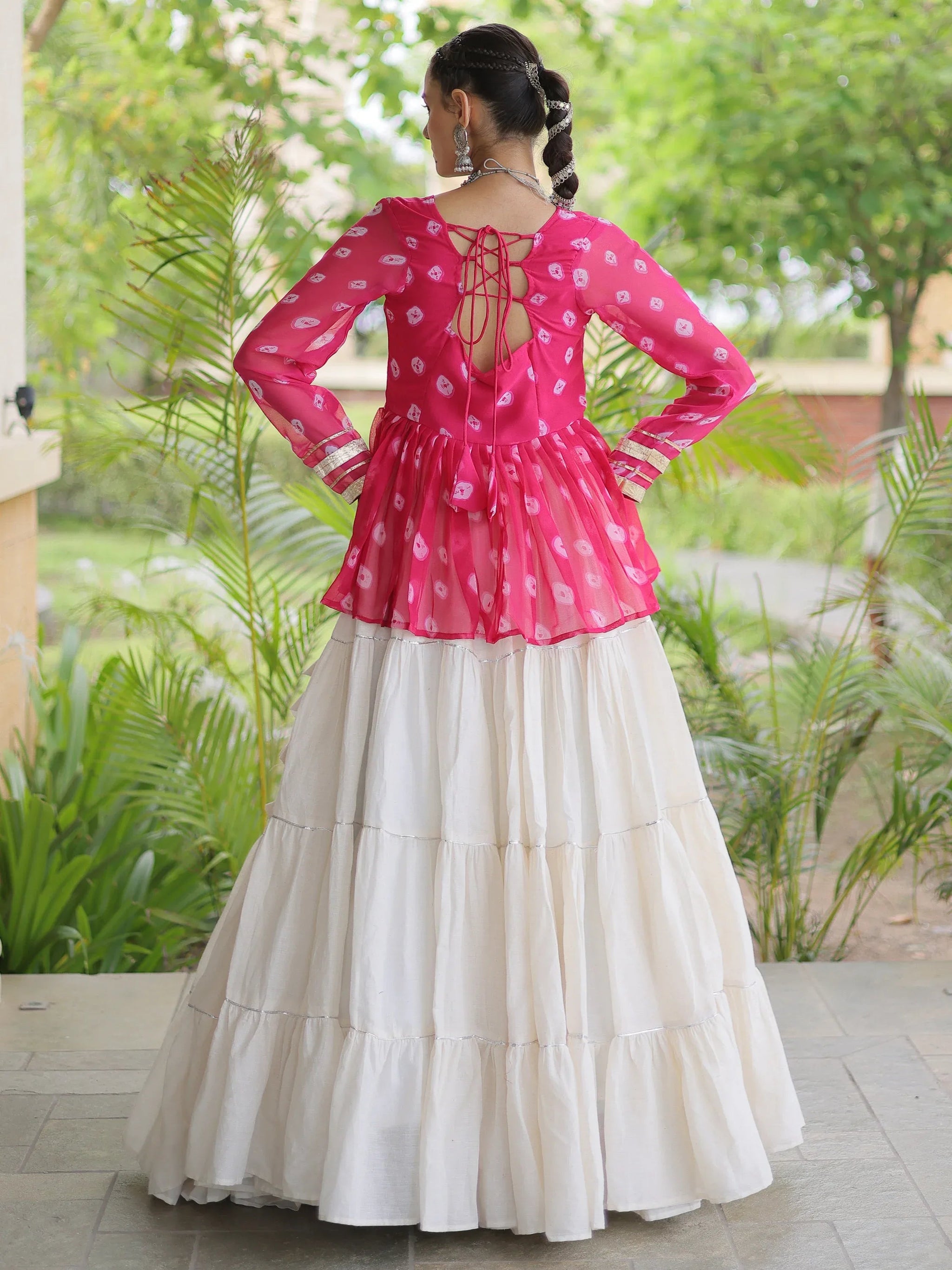 Rani Pink Cotton Navratri Wear Lehenga With Printed Peplum Top