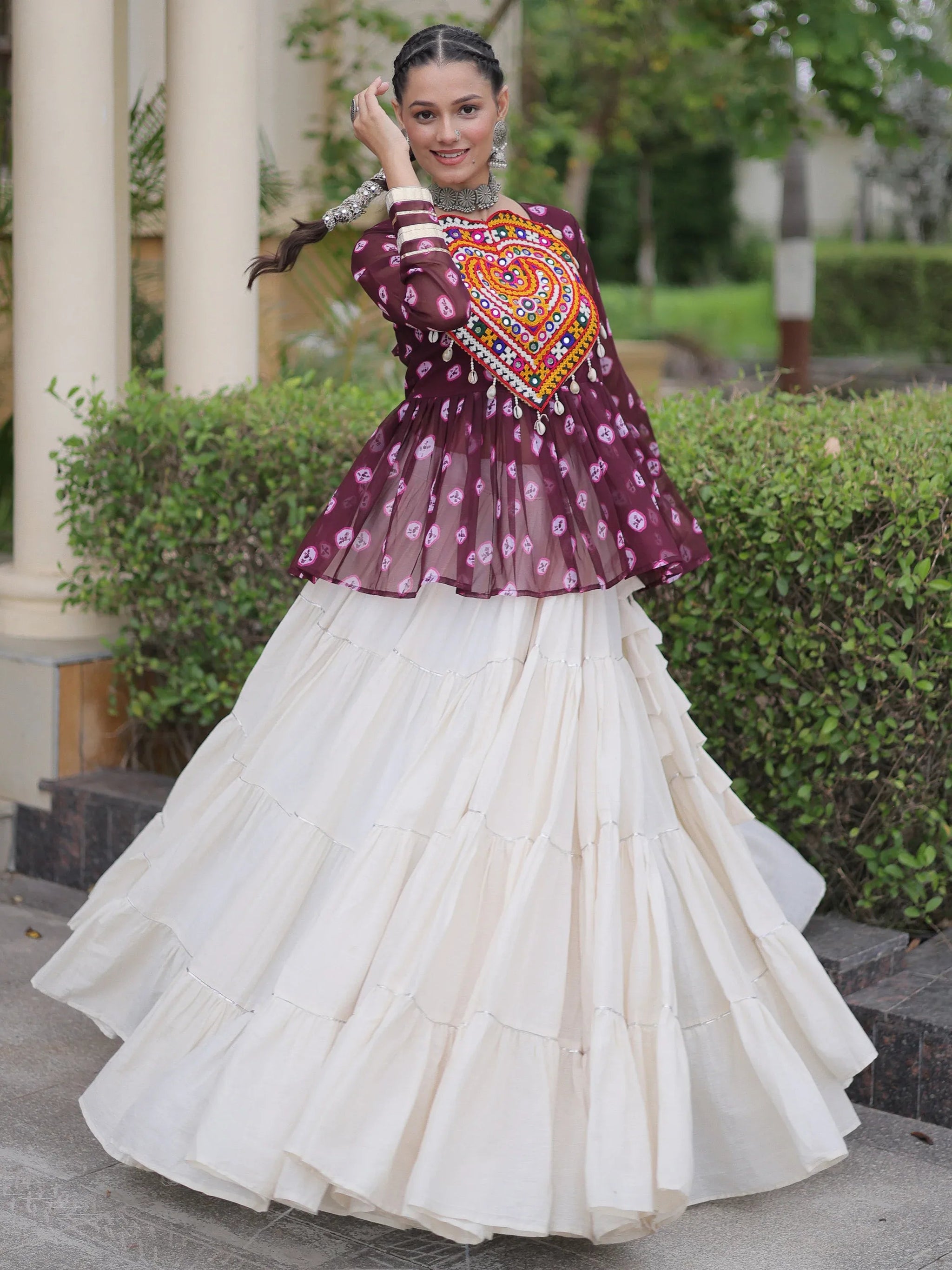 Fantastic Wine Patch Work Cotton Navratri Lehenga With Peplum Top