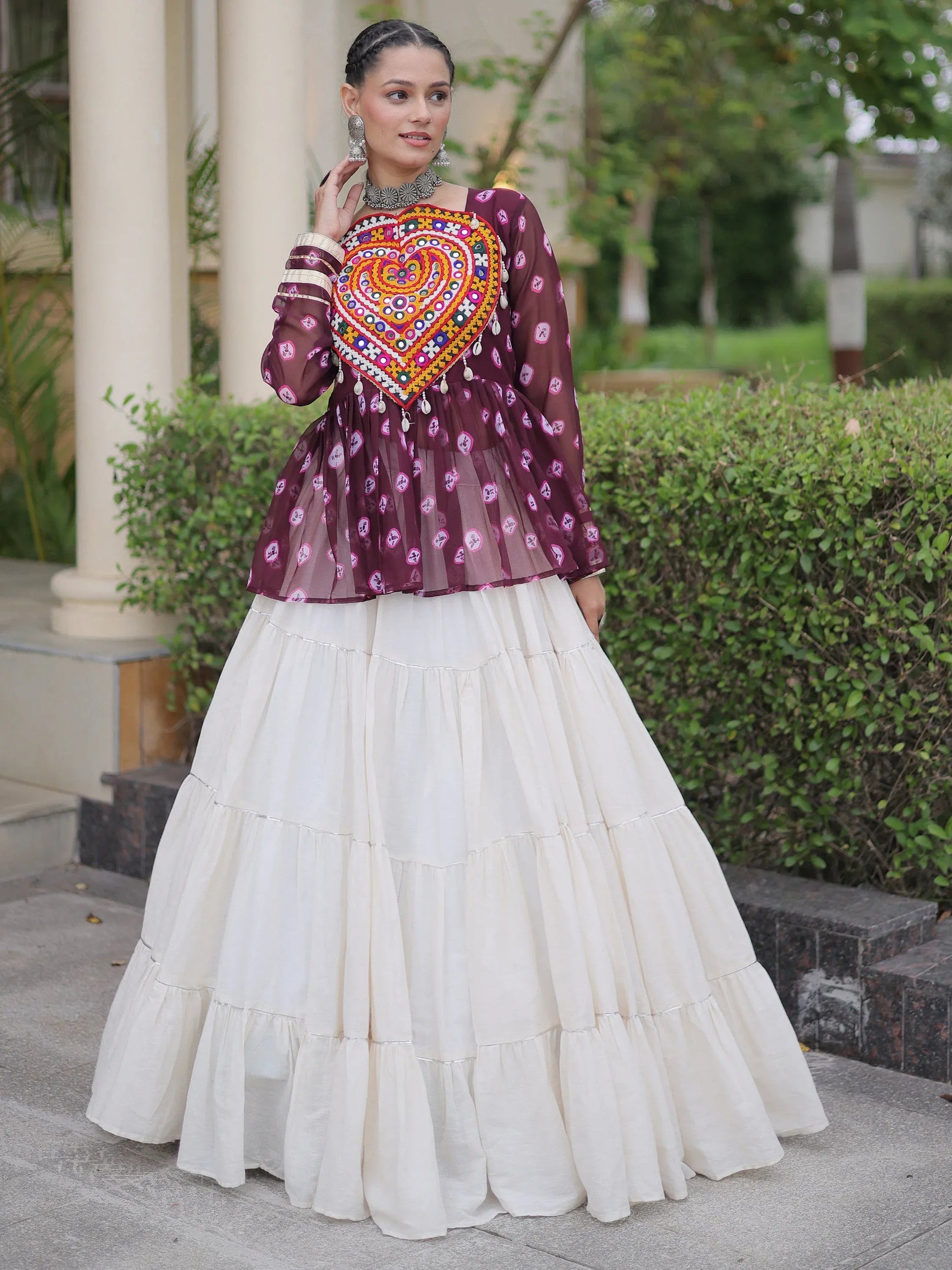 Fantastic Wine Patch Work Cotton Navratri Lehenga With Peplum Top
