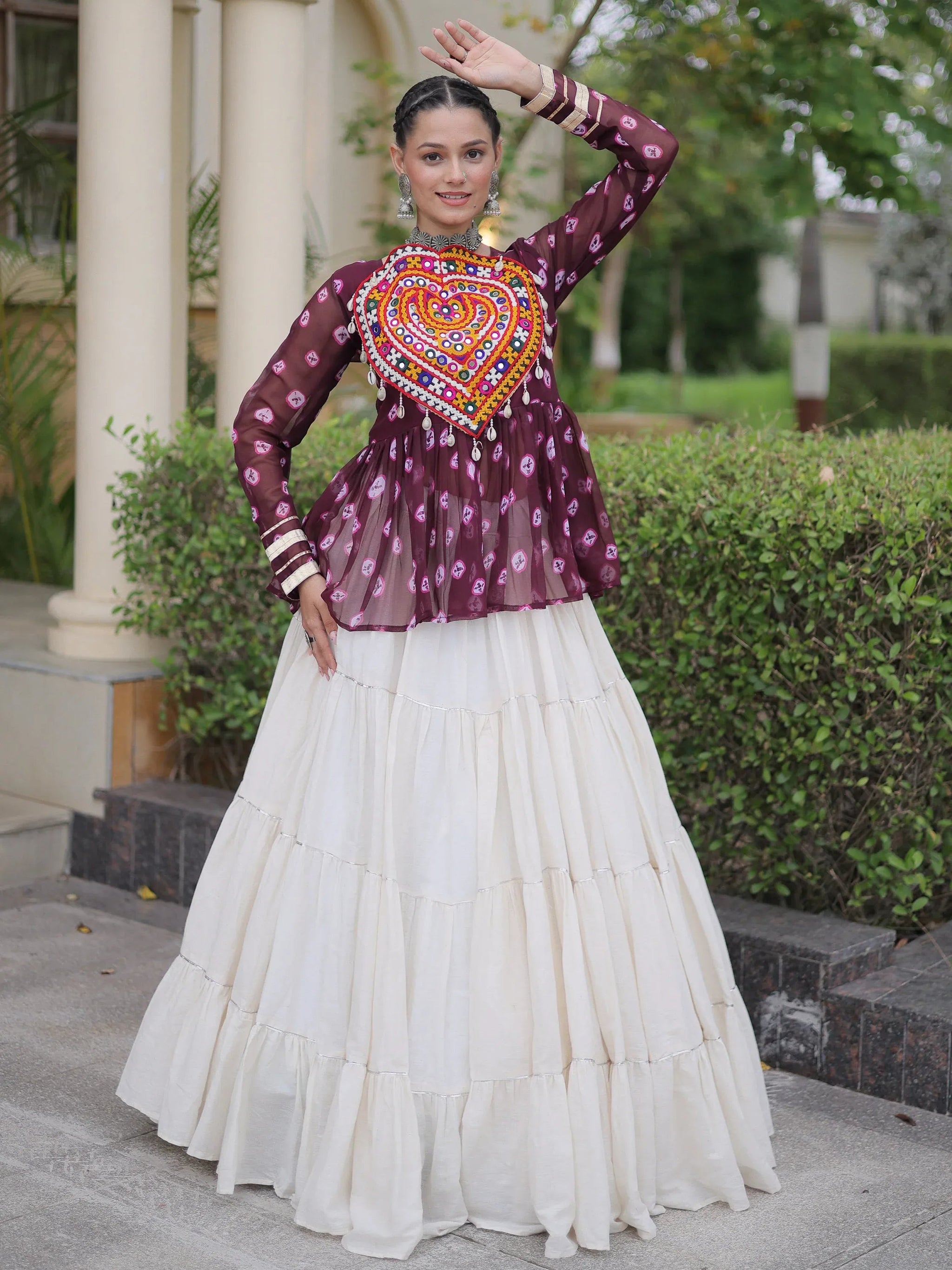 Fantastic Wine Patch Work Cotton Navratri Lehenga With Peplum Top