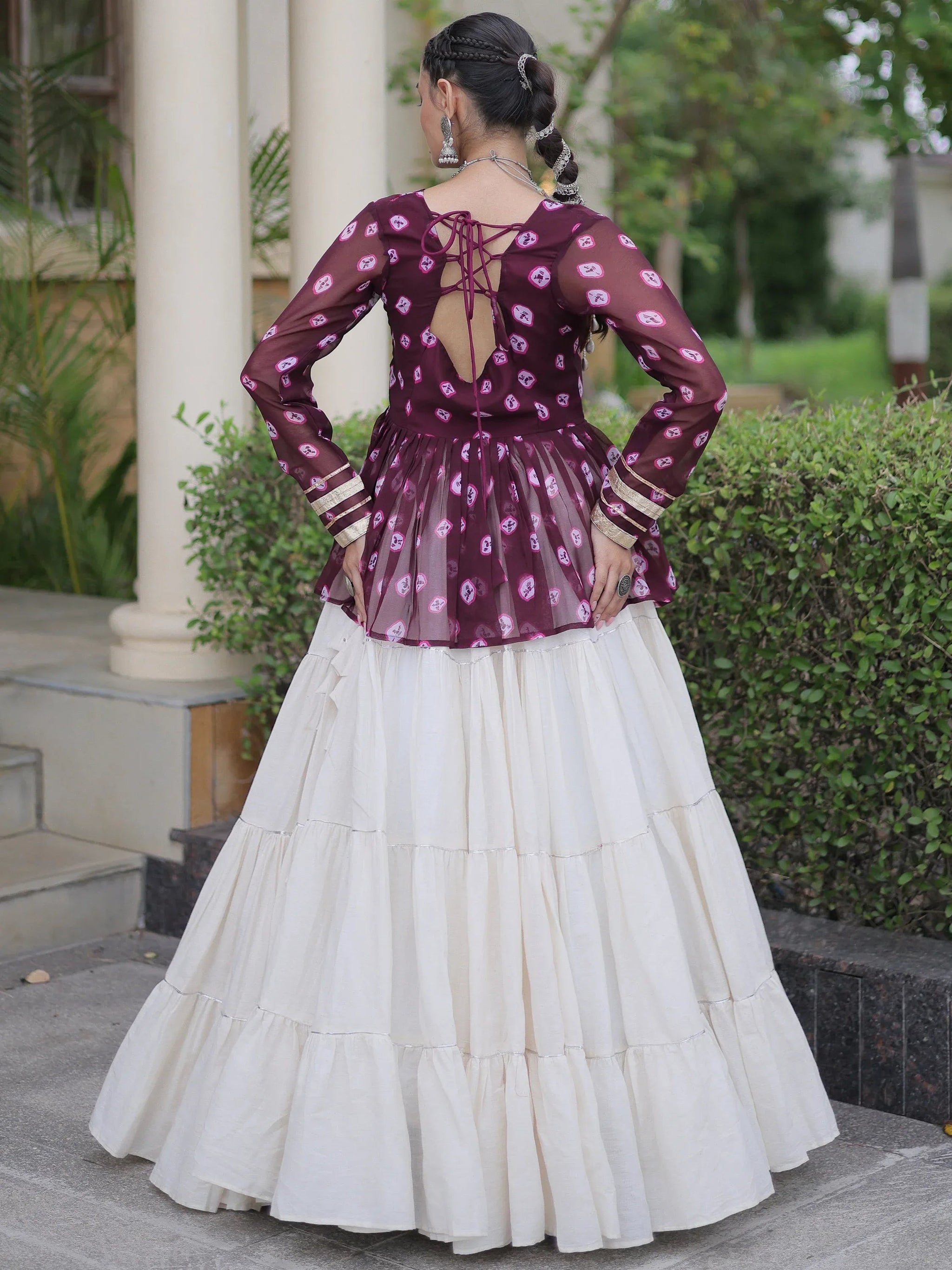 Fantastic Wine Patch Work Cotton Navratri Lehenga With Peplum Top