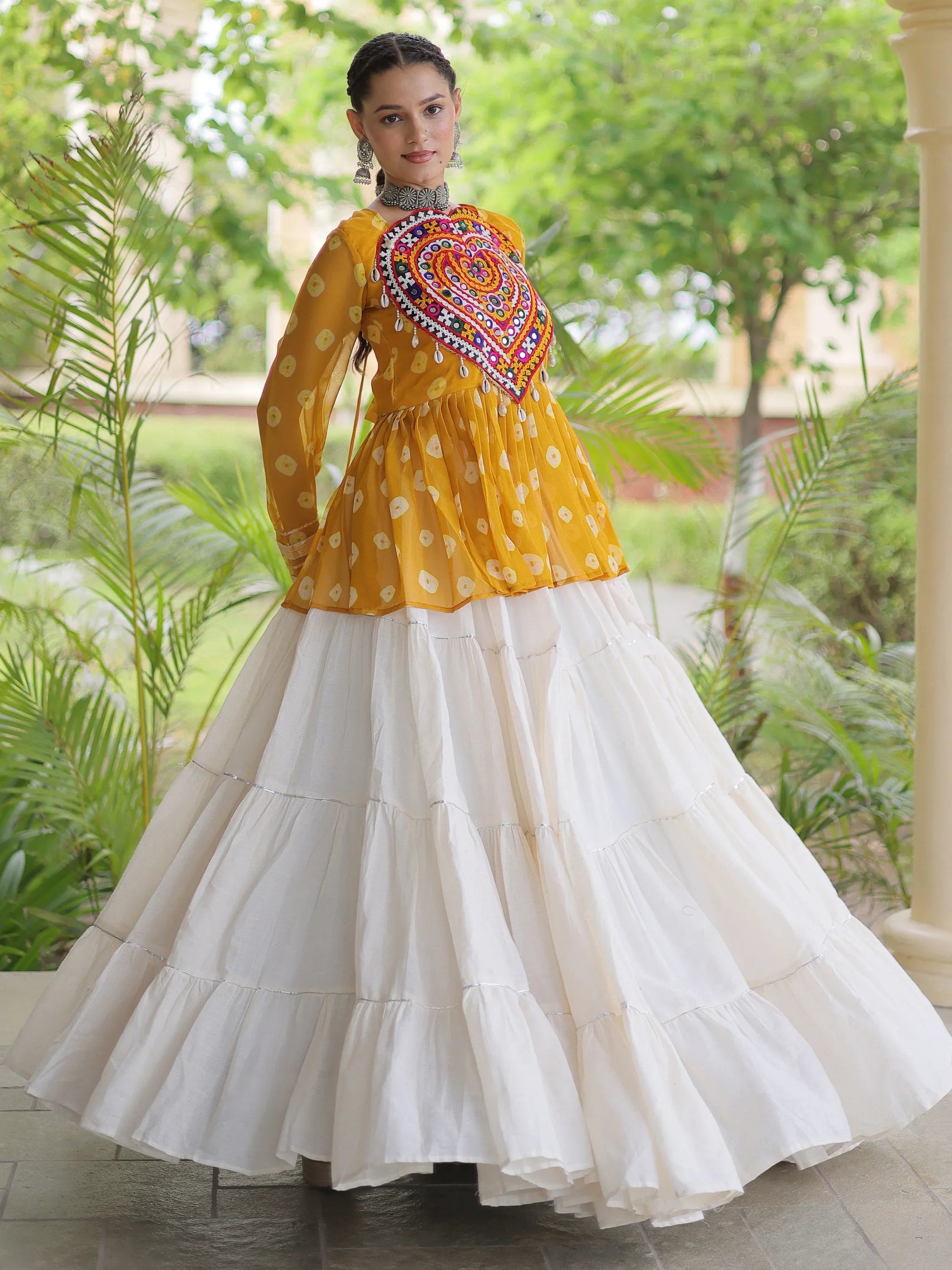 Pretty Mustard Yellow Cotton Navratri Lehenga With Patch Work Peplum Top