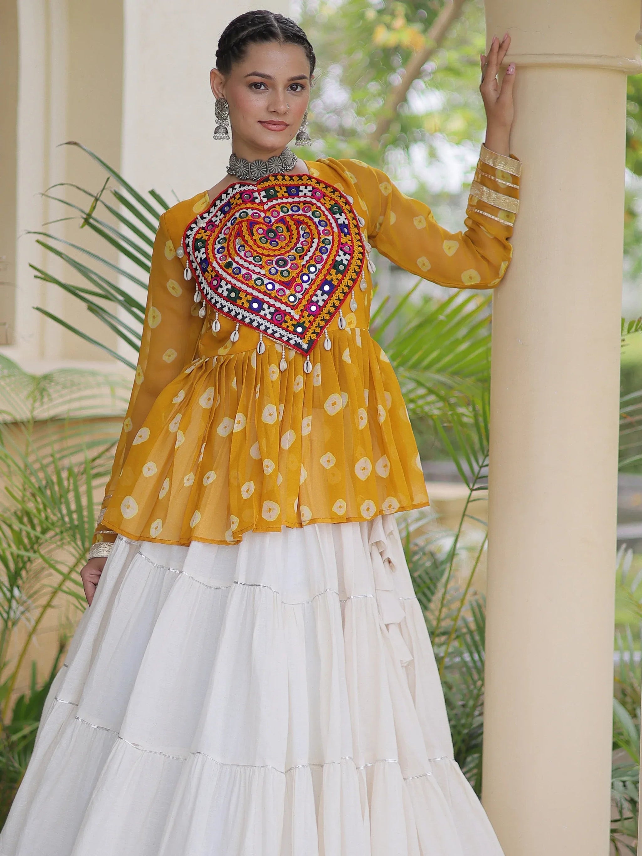 Pretty Mustard Yellow Cotton Navratri Lehenga With Patch Work Peplum Top