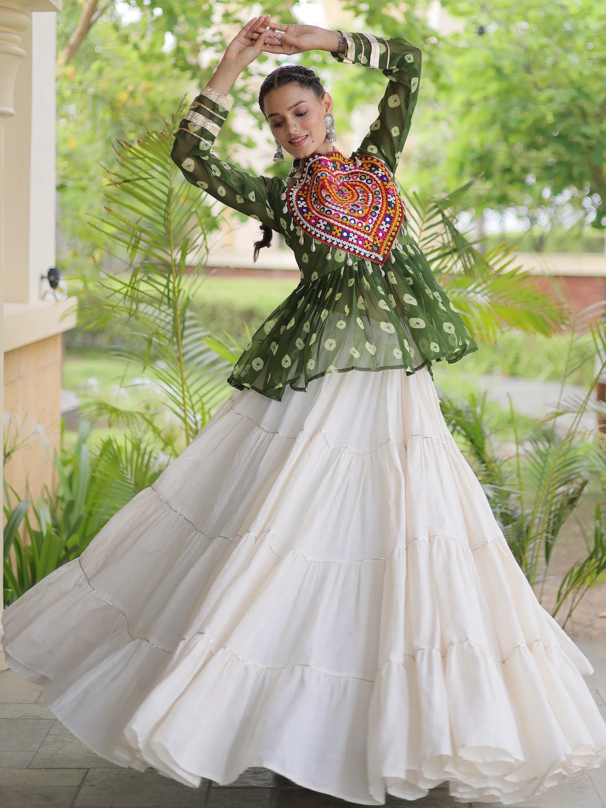 Green Cotton Navratri Lehenga With Patch Work Peplum Top
