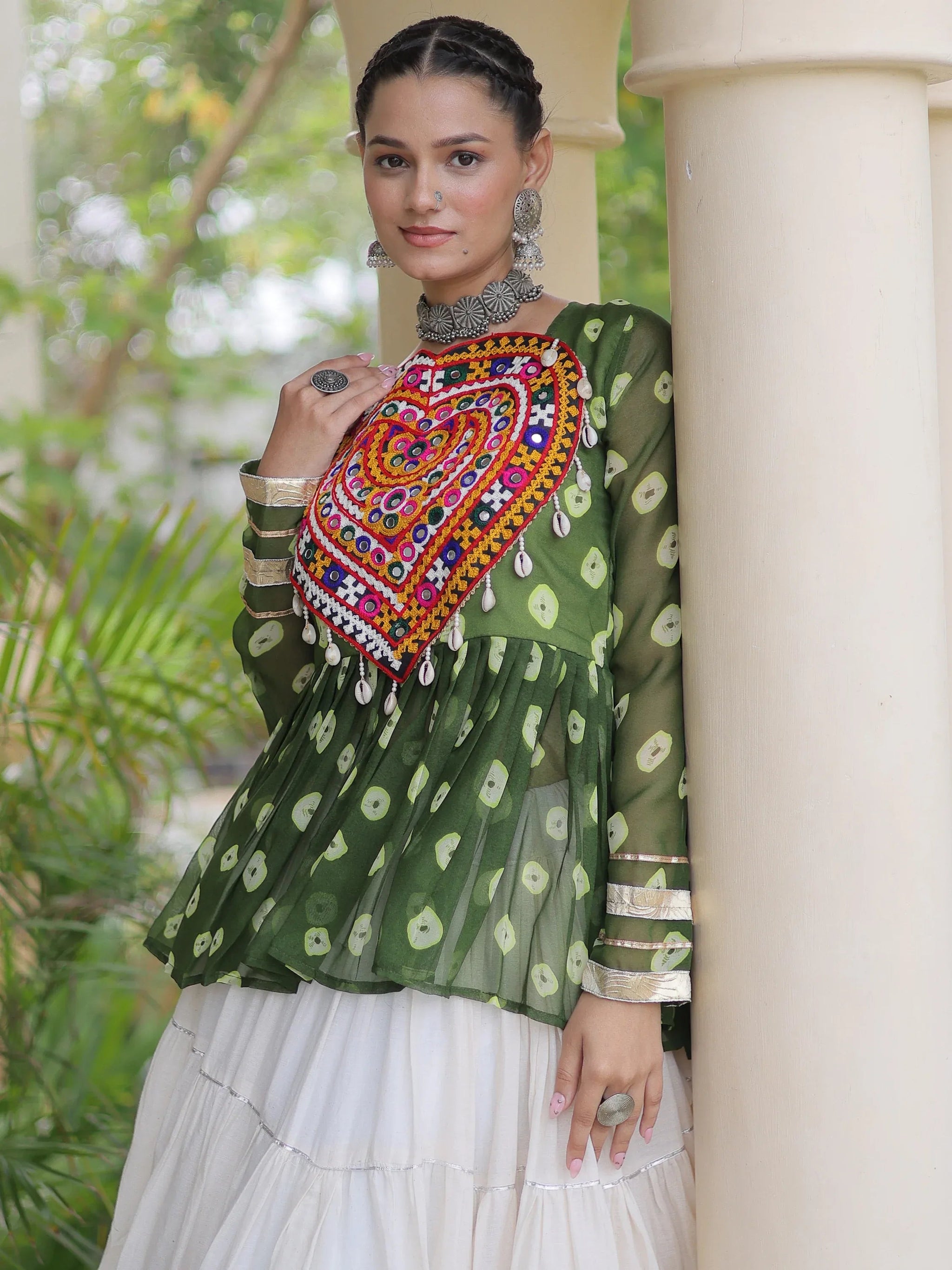 Green Cotton Navratri Lehenga With Patch Work Peplum Top