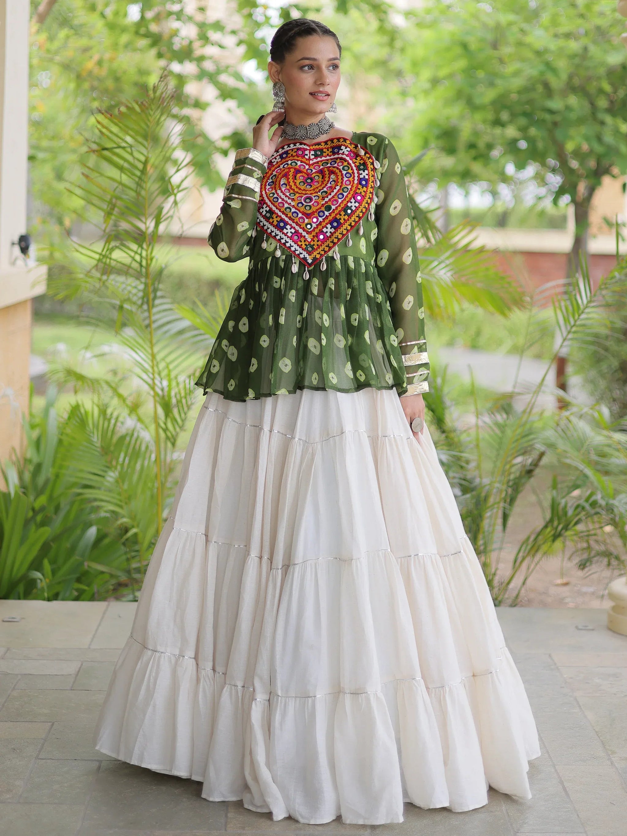 Green Cotton Navratri Lehenga With Patch Work Peplum Top