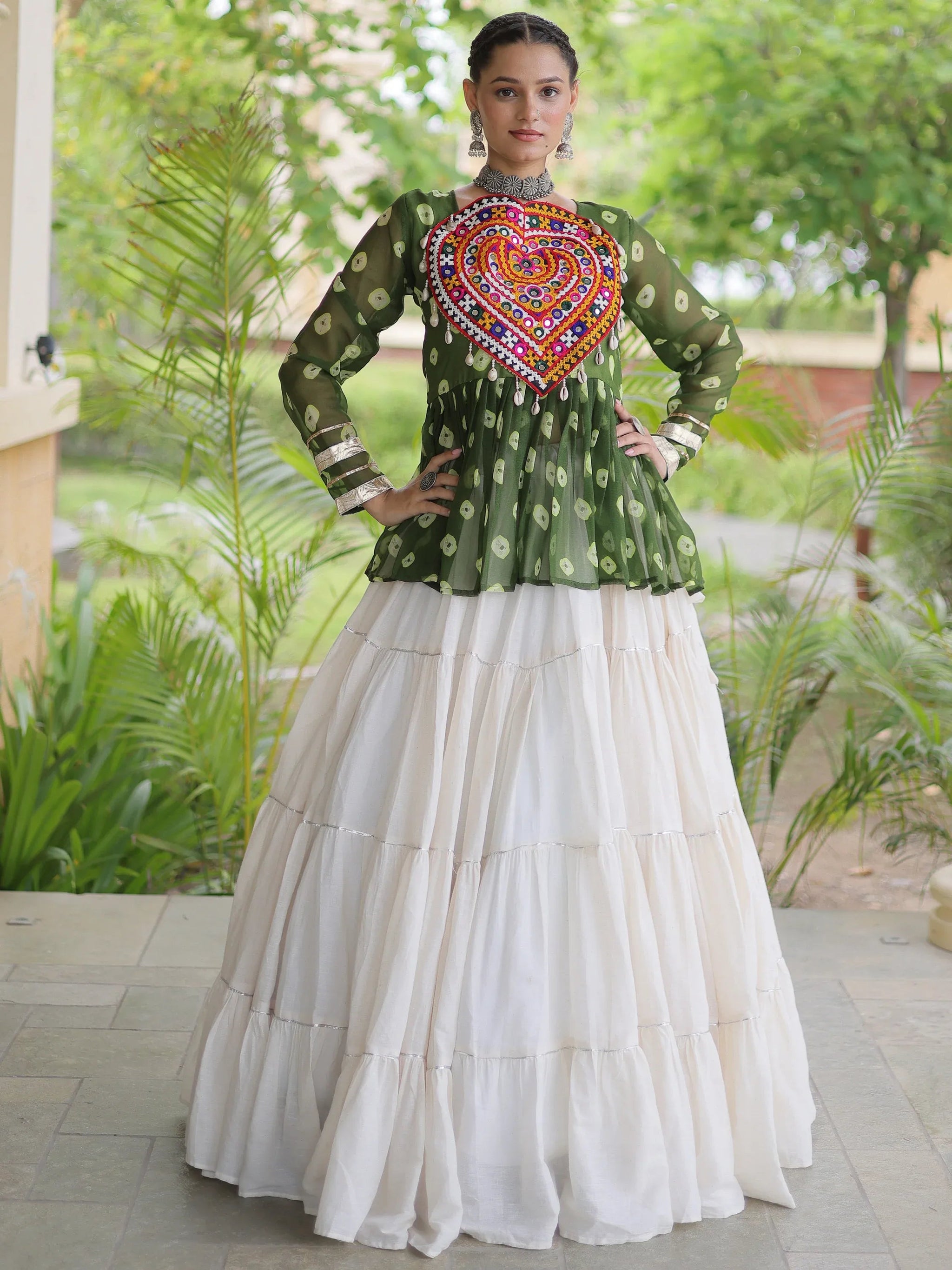 Green Cotton Navratri Lehenga With Patch Work Peplum Top