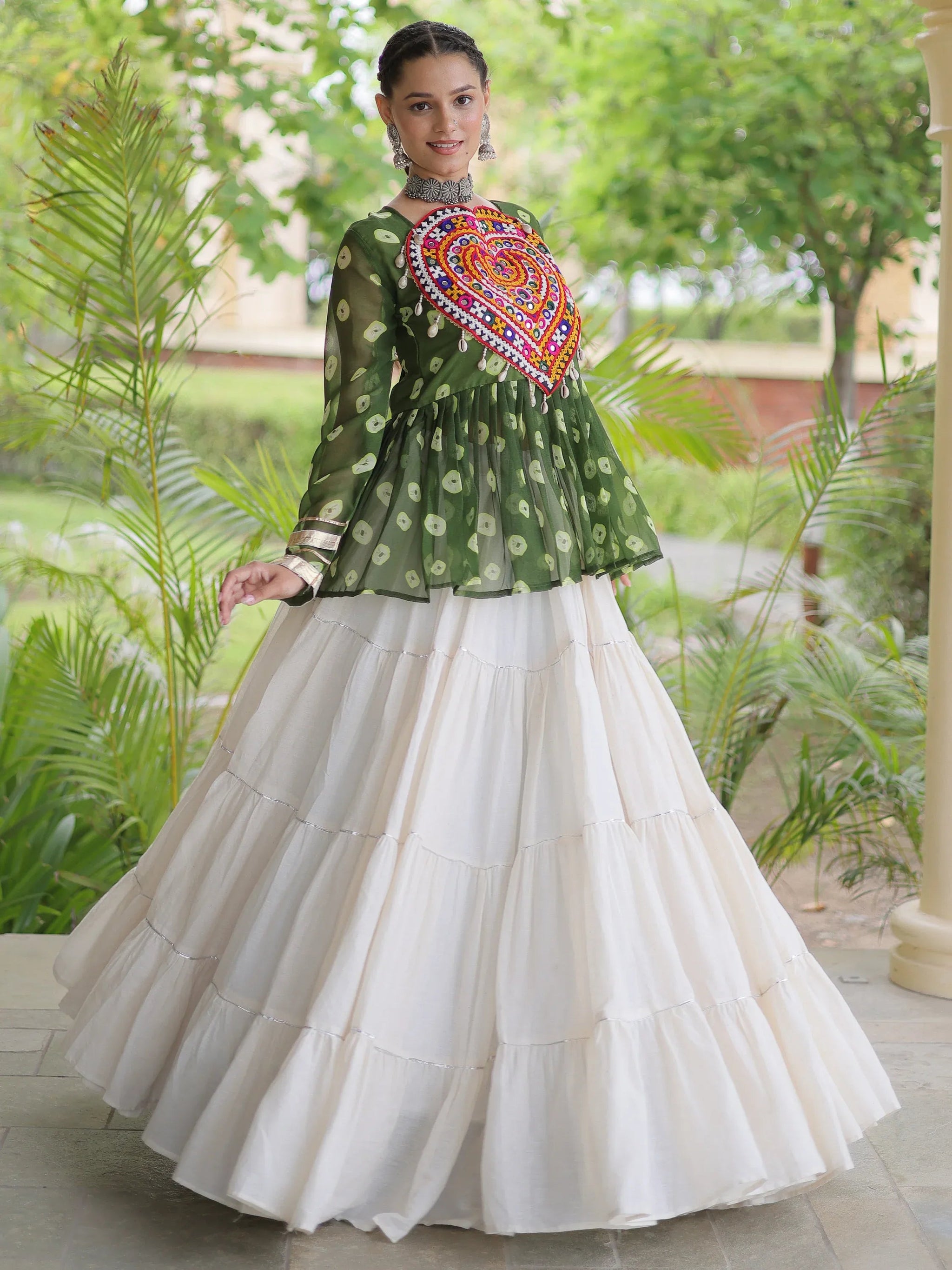 Green Cotton Navratri Lehenga With Patch Work Peplum Top