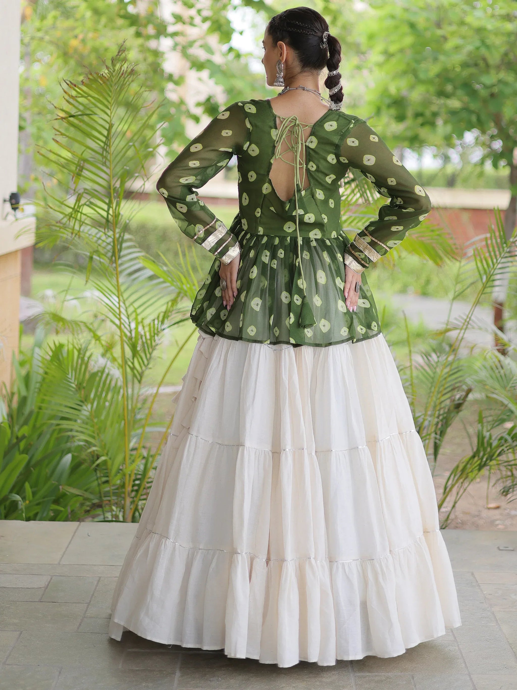 Green Cotton Navratri Lehenga With Patch Work Peplum Top