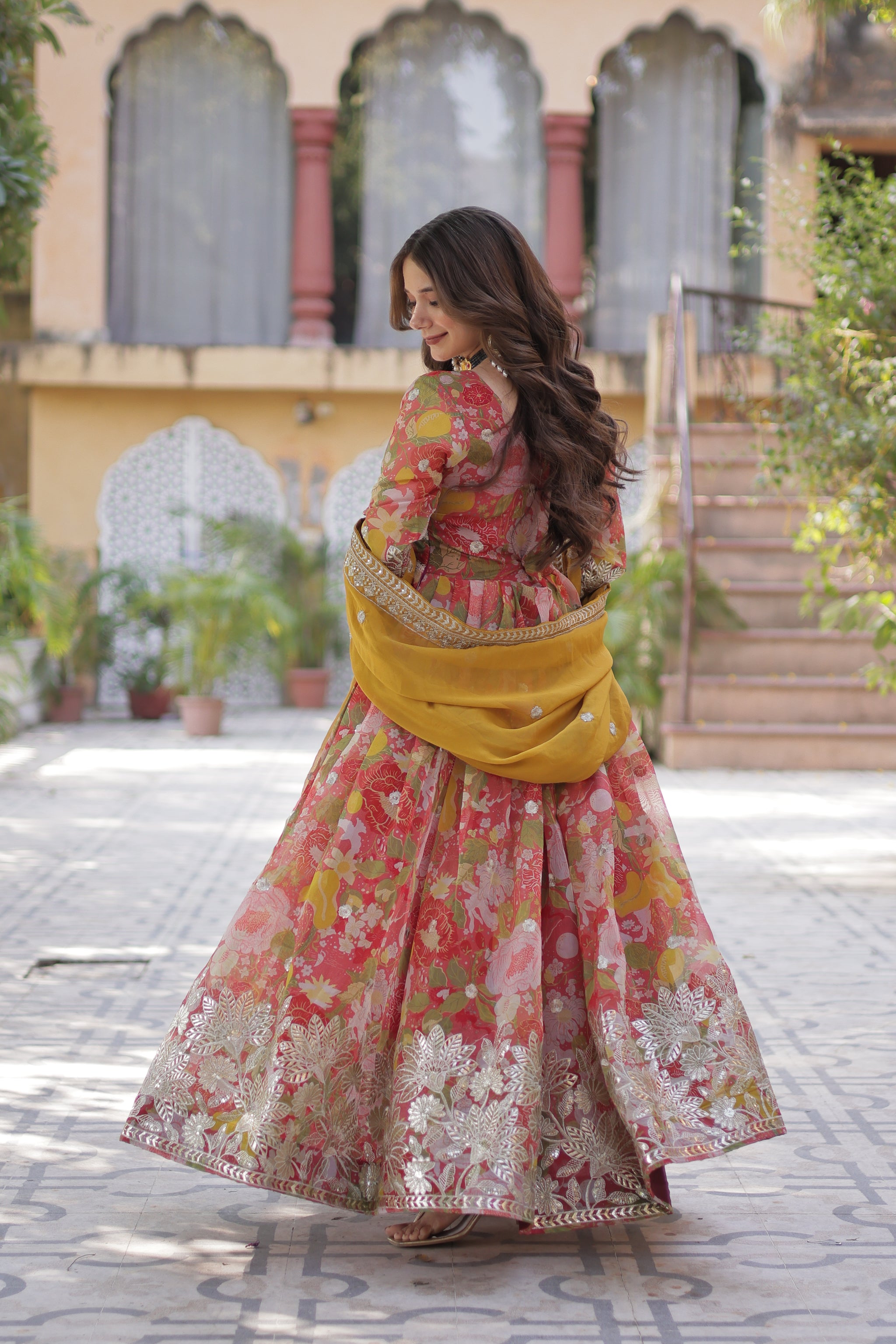 Pinkish Red Color Alia Cut Embroidered Gown With Dupatta