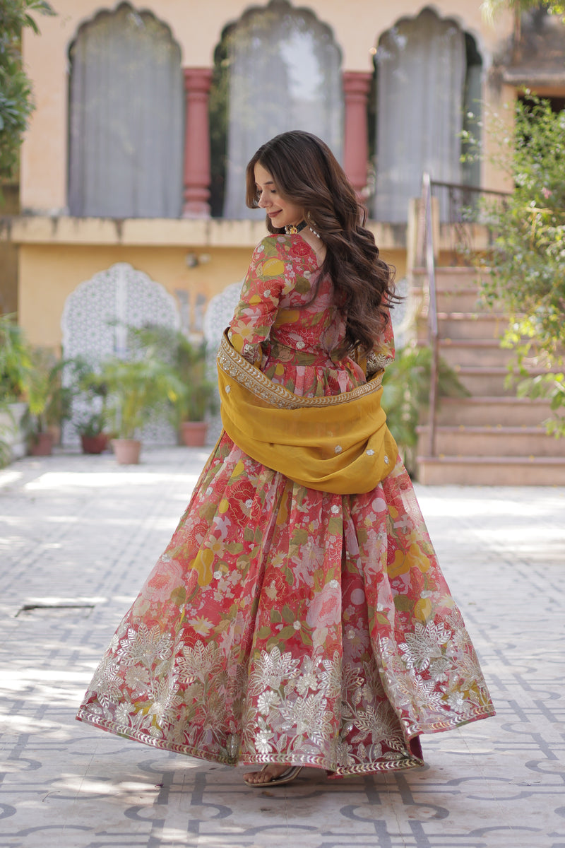 Pinkish Red Color Alia Cut Embroidered Gown With Dupatta