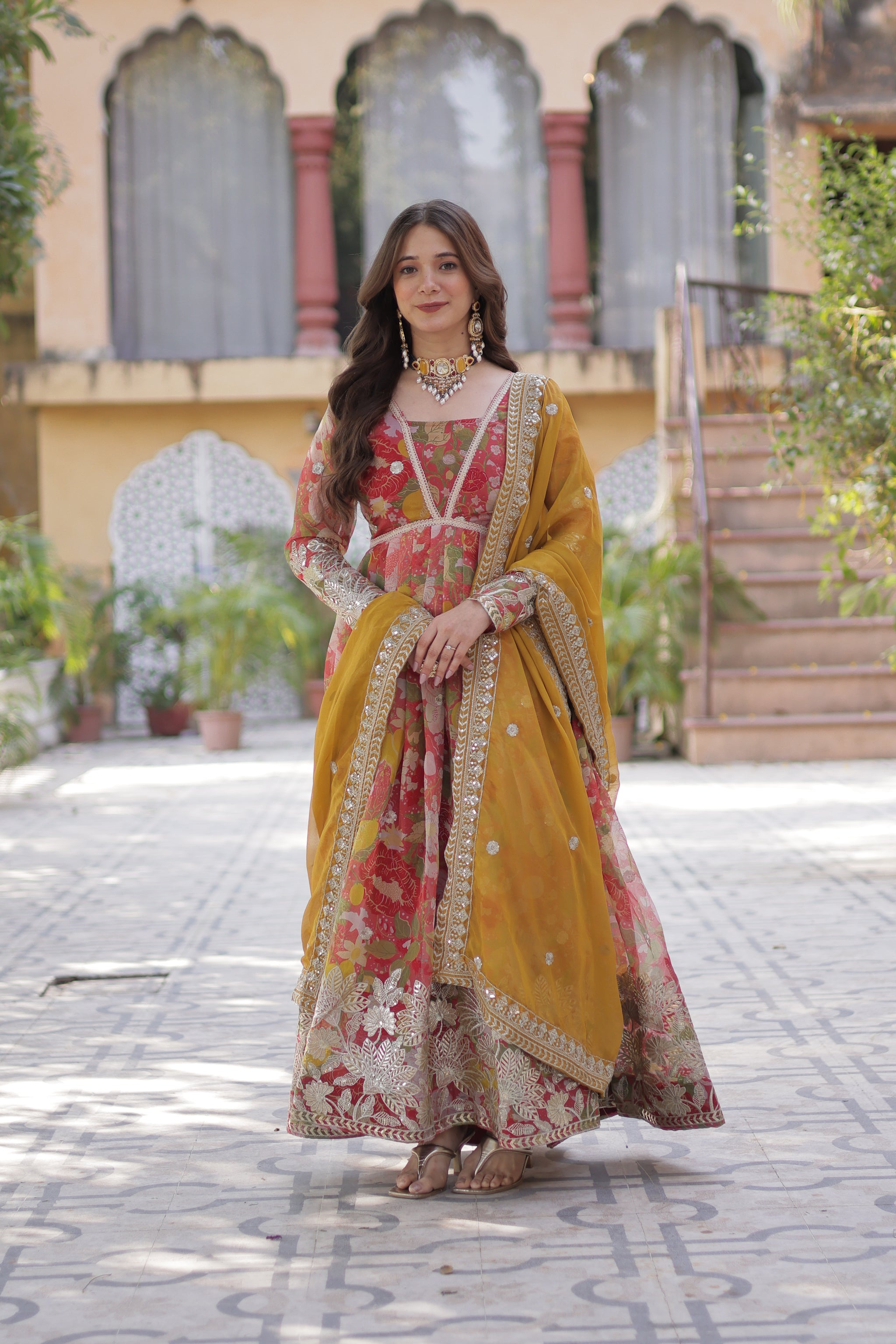 Pinkish Red Color Alia Cut Embroidered Gown With Dupatta