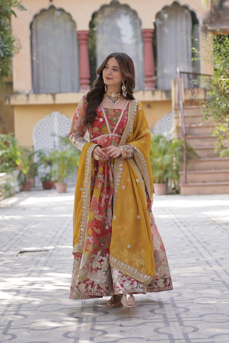Pinkish Red Color Alia Cut Embroidered Gown With Dupatta