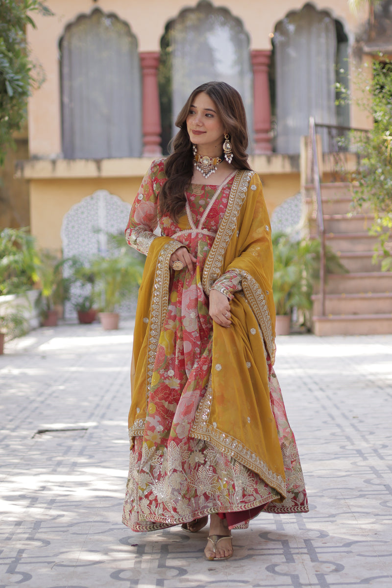 Pinkish Red Color Alia Cut Embroidered Gown With Dupatta