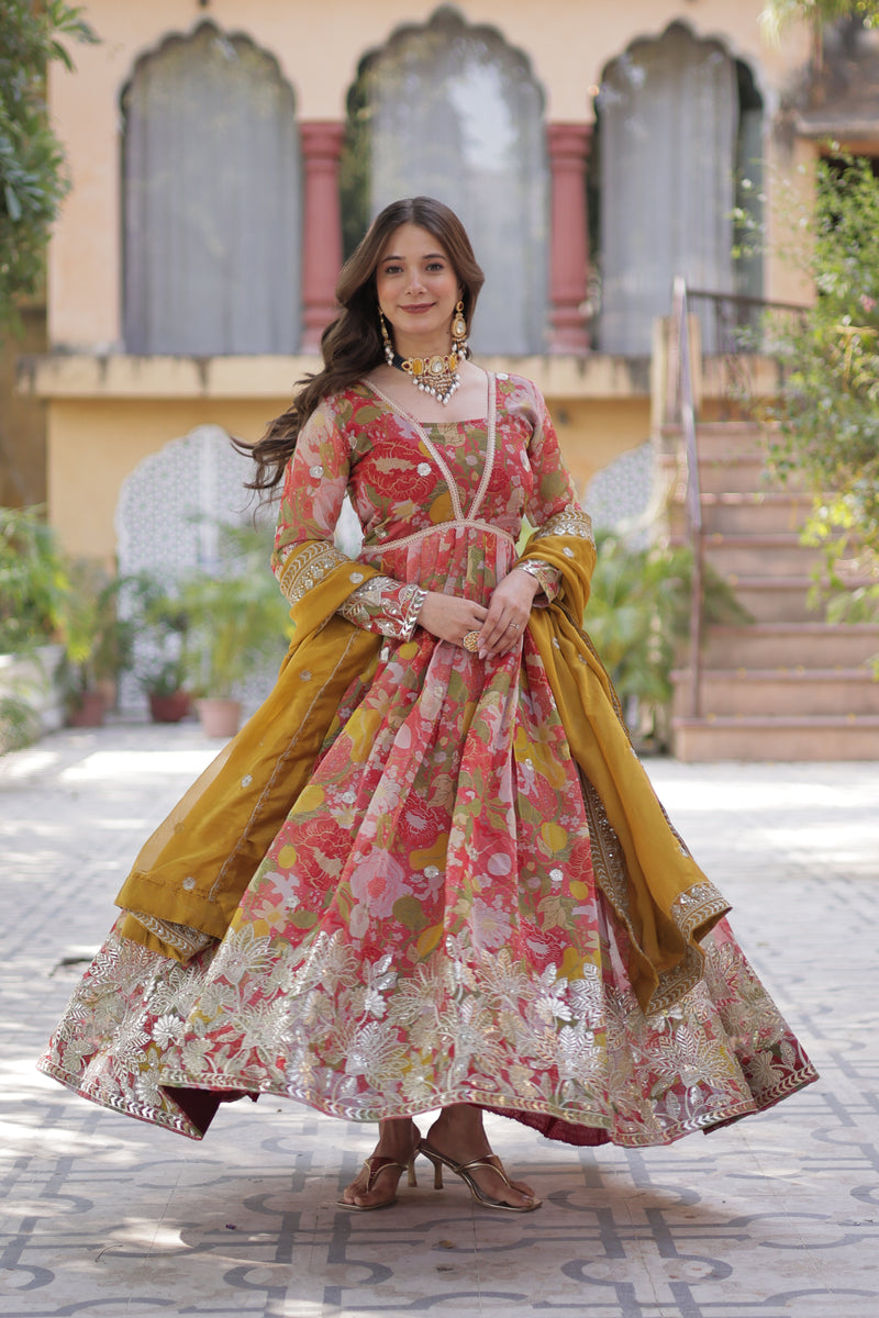 Pinkish Red Color Alia Cut Embroidered Gown With Dupatta