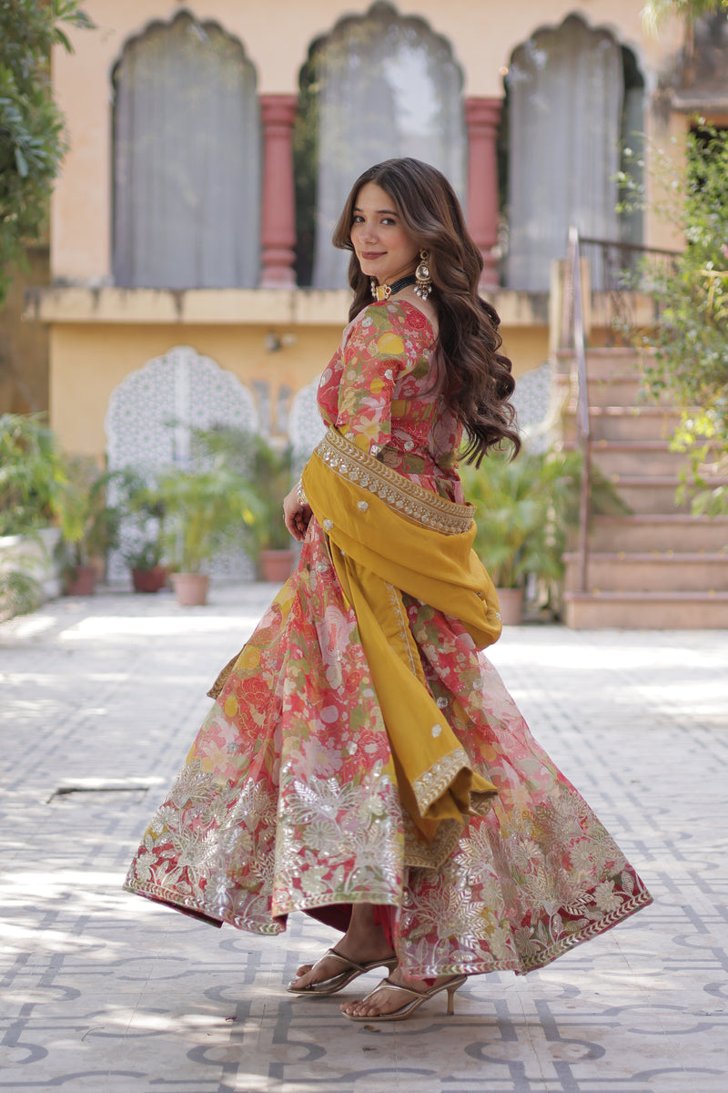 Pinkish Red Color Alia Cut Embroidered Gown With Dupatta