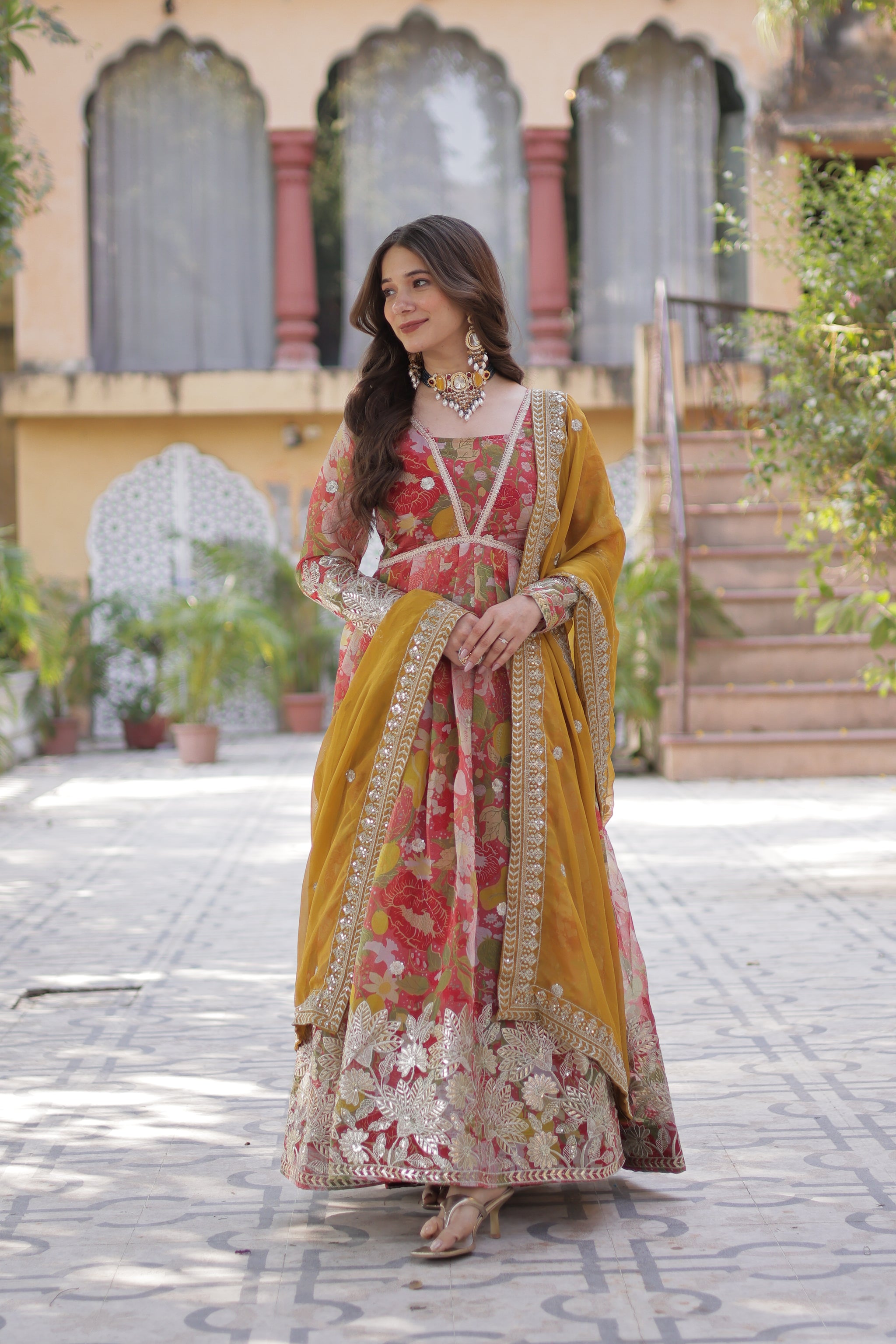 Pinkish Red Color Alia Cut Embroidered Gown With Dupatta