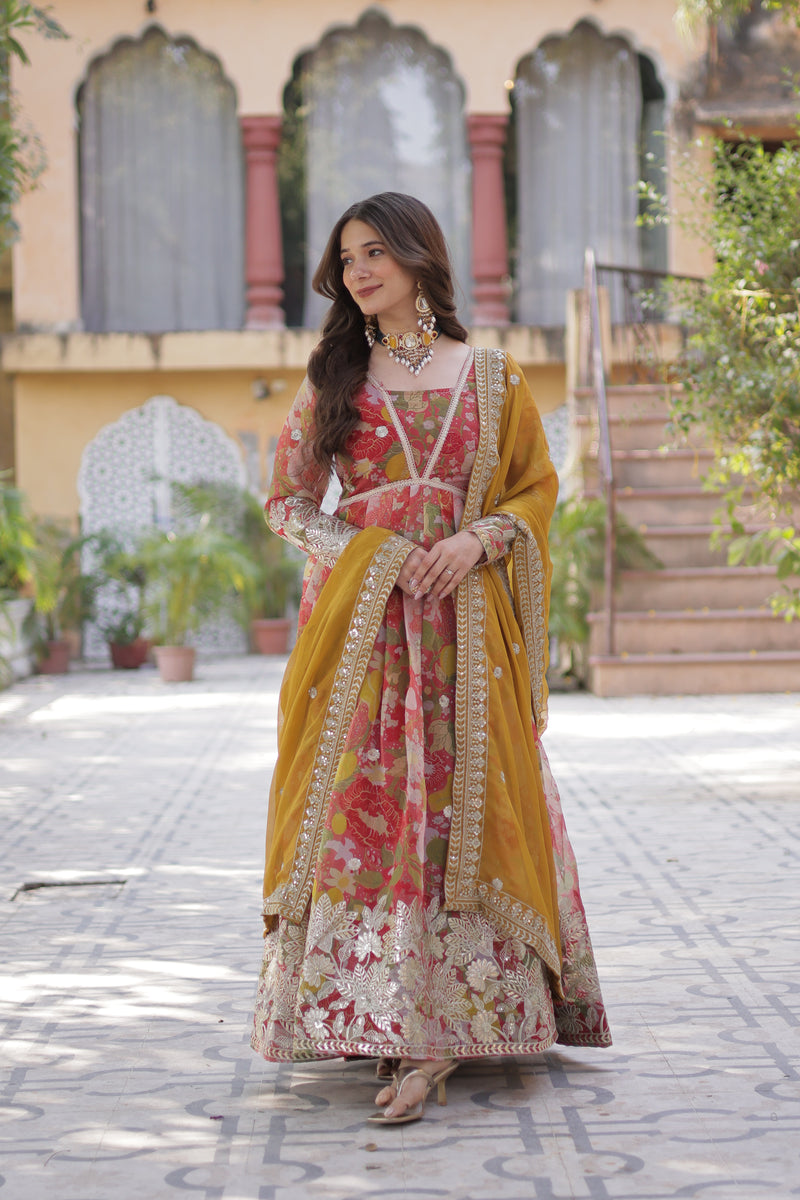 Pinkish Red Color Alia Cut Embroidered Gown With Dupatta