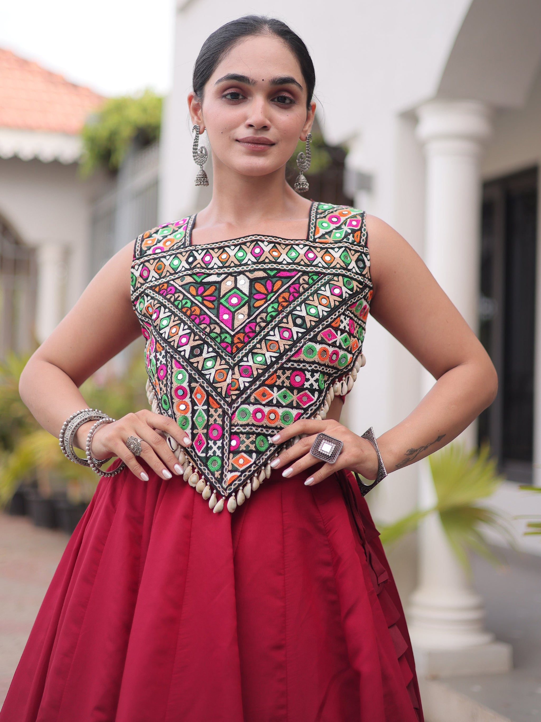 Maroon Silk Navratri Wear Lehenga With Gamthi Work Choli