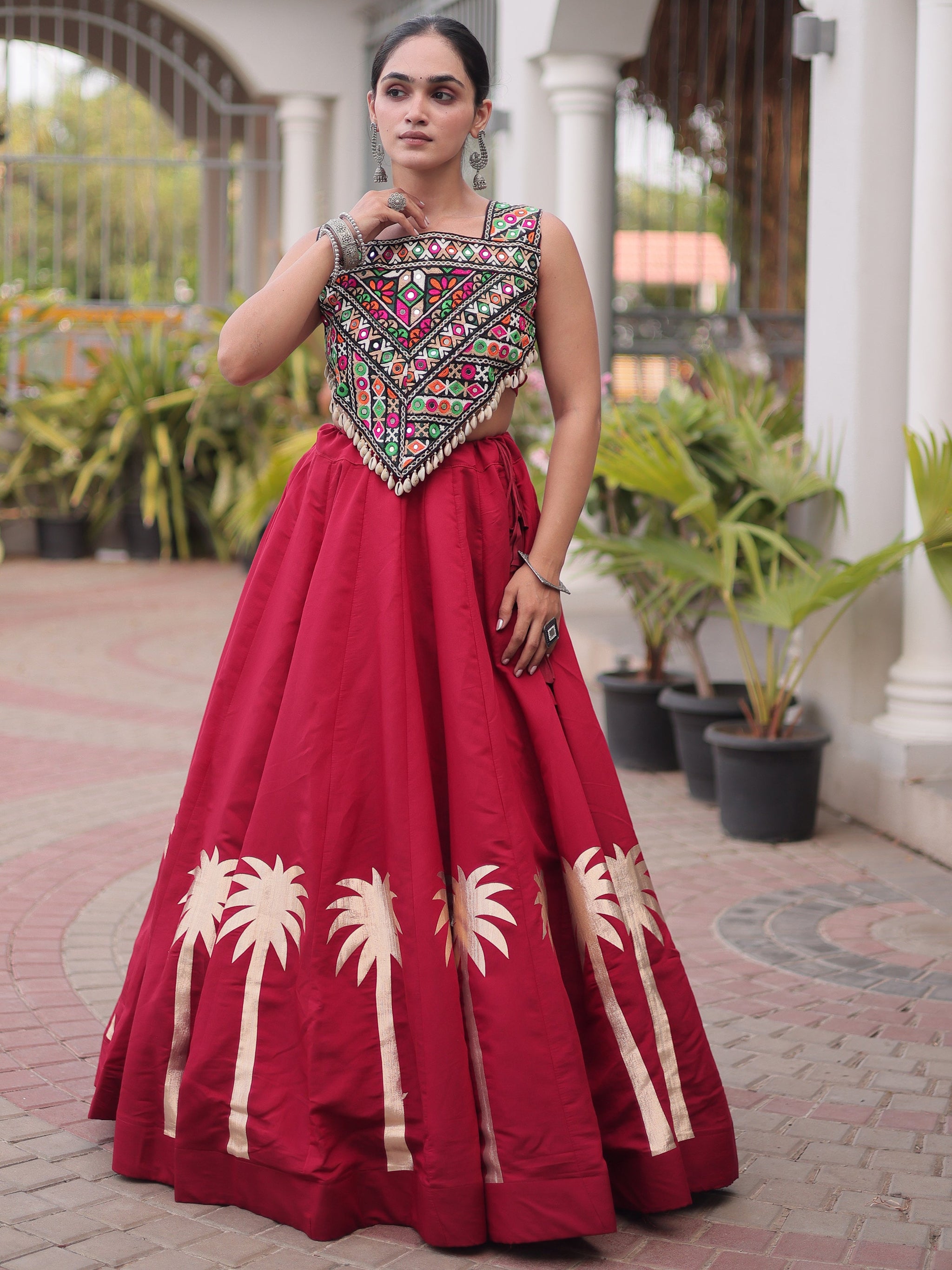 Maroon Silk Navratri Wear Lehenga With Gamthi Work Choli