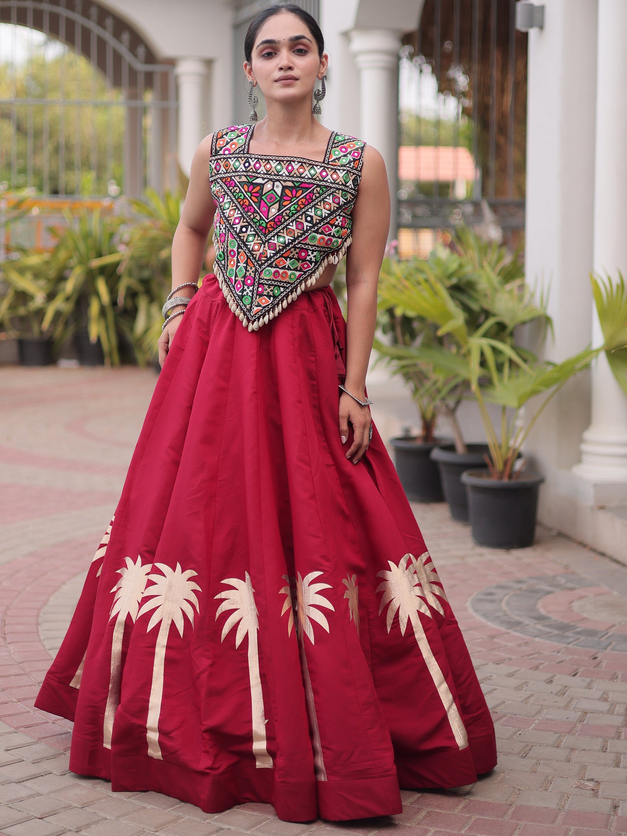 Maroon Silk Navratri Wear Lehenga With Gamthi Work Choli