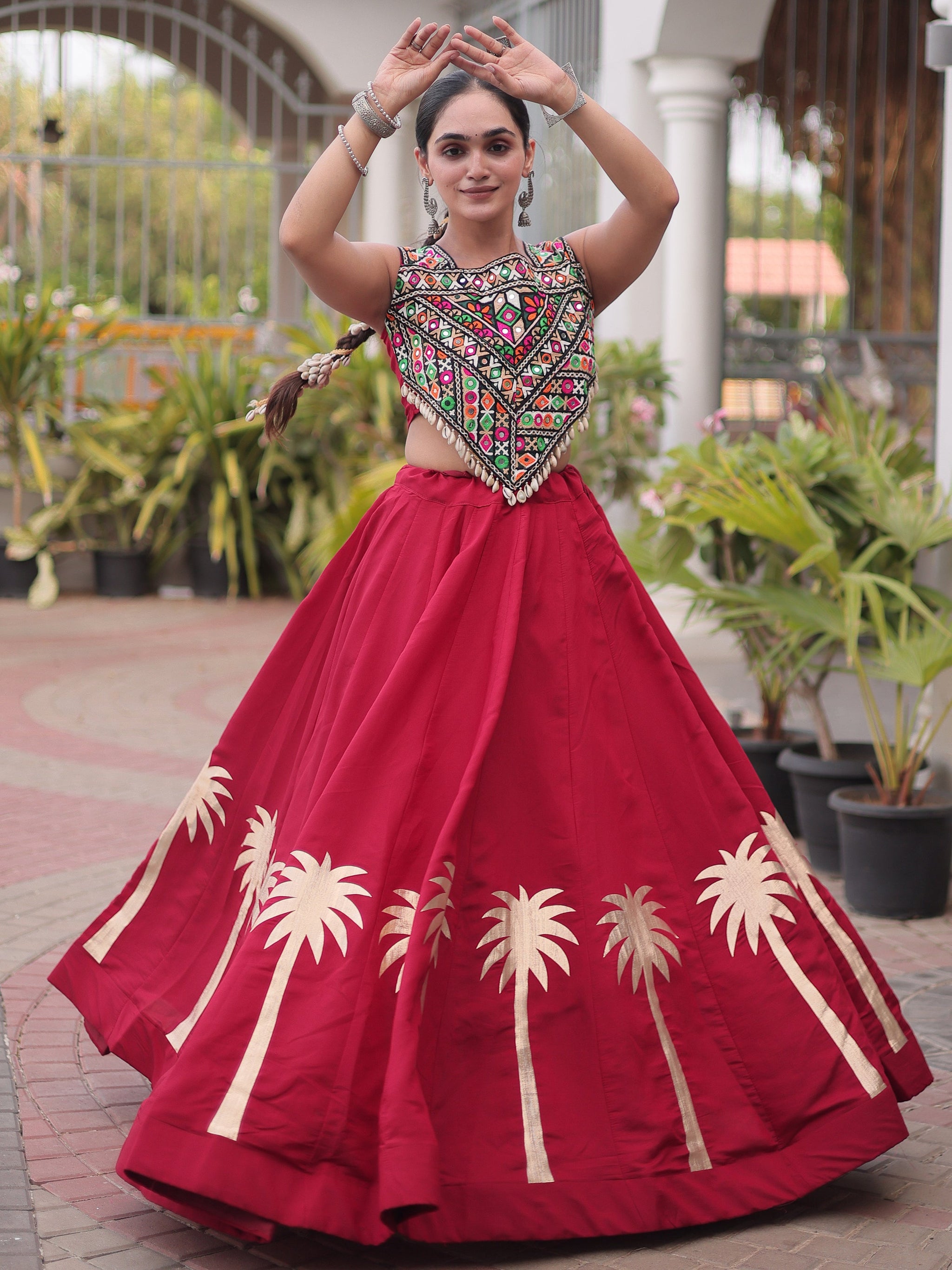 Maroon Silk Navratri Wear Lehenga With Gamthi Work Choli