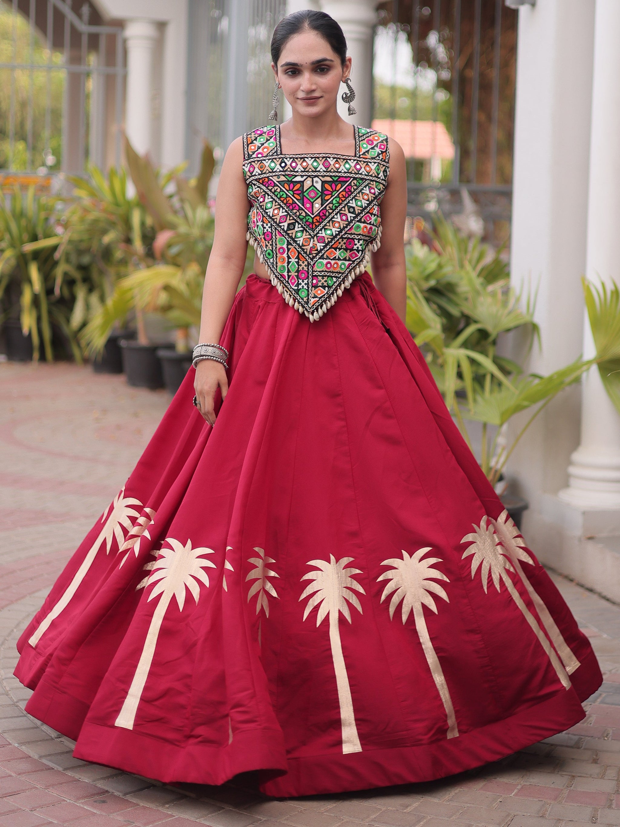 Maroon Silk Navratri Wear Lehenga With Gamthi Work Choli