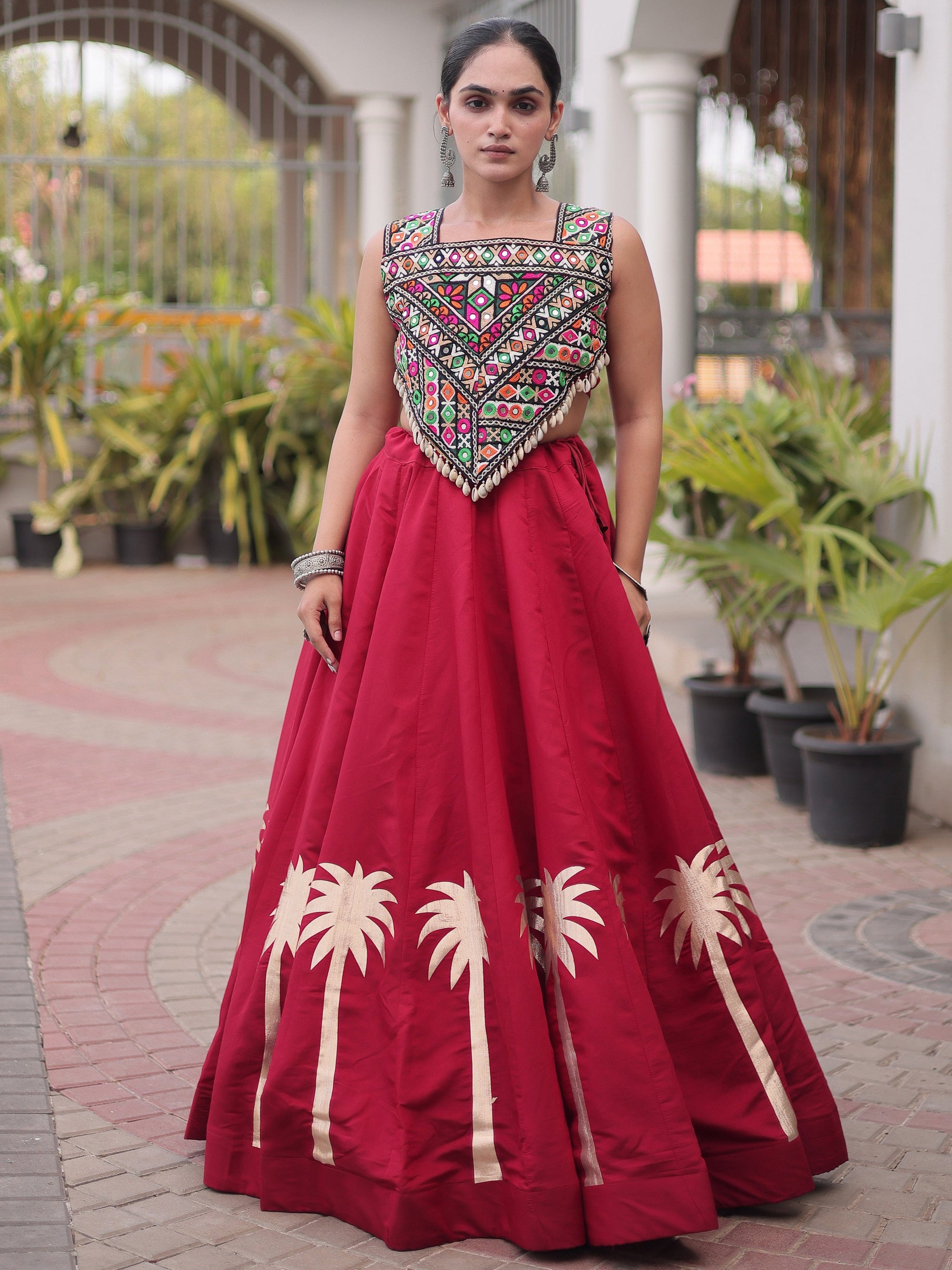 Maroon Silk Navratri Wear Lehenga With Gamthi Work Choli