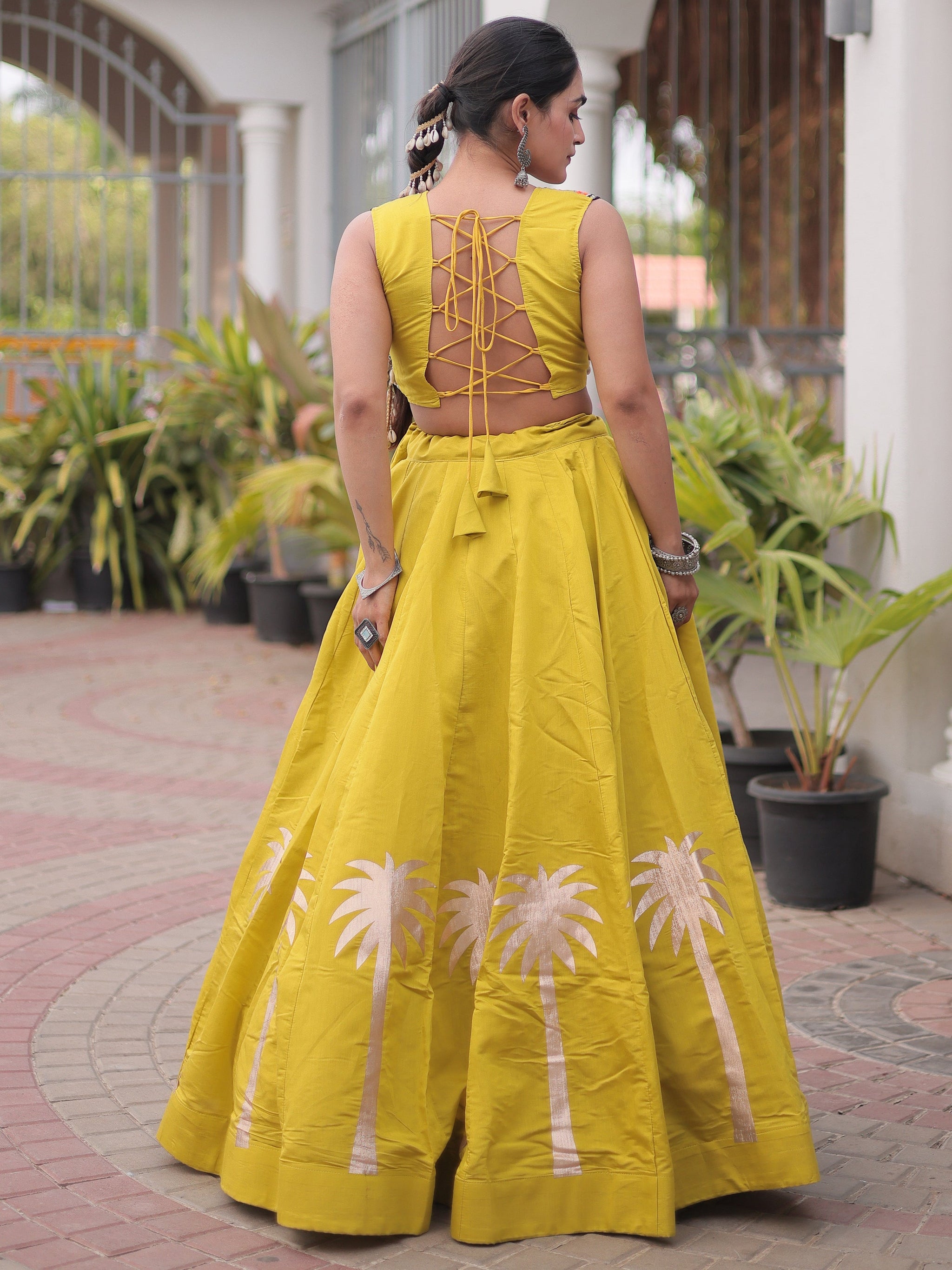 Navratri Wear Coconut Gota Work Mustard Yellow Roman Lehenga Choli
