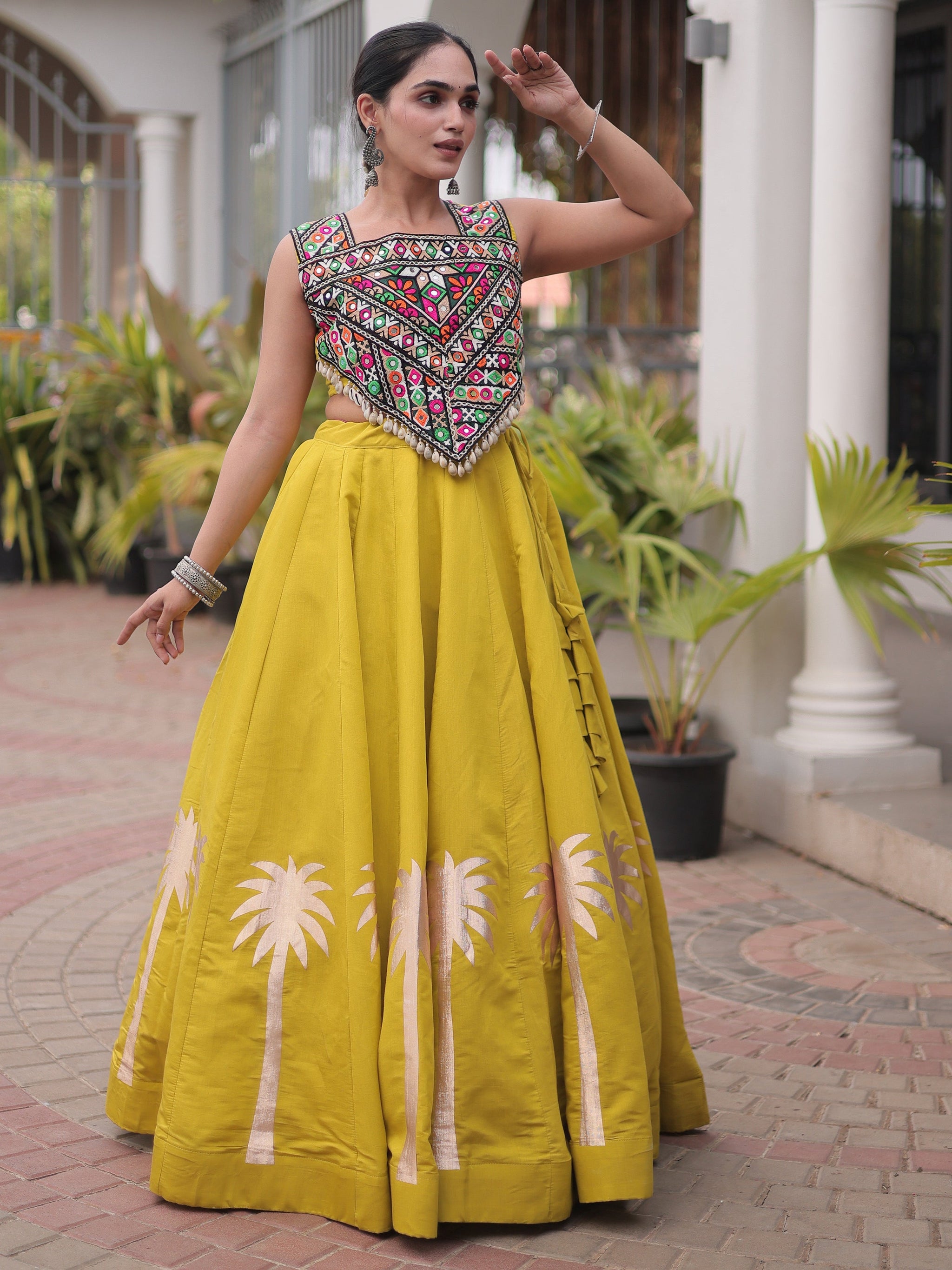 Navratri Wear Coconut Gota Work Mustard Yellow Roman Lehenga Choli