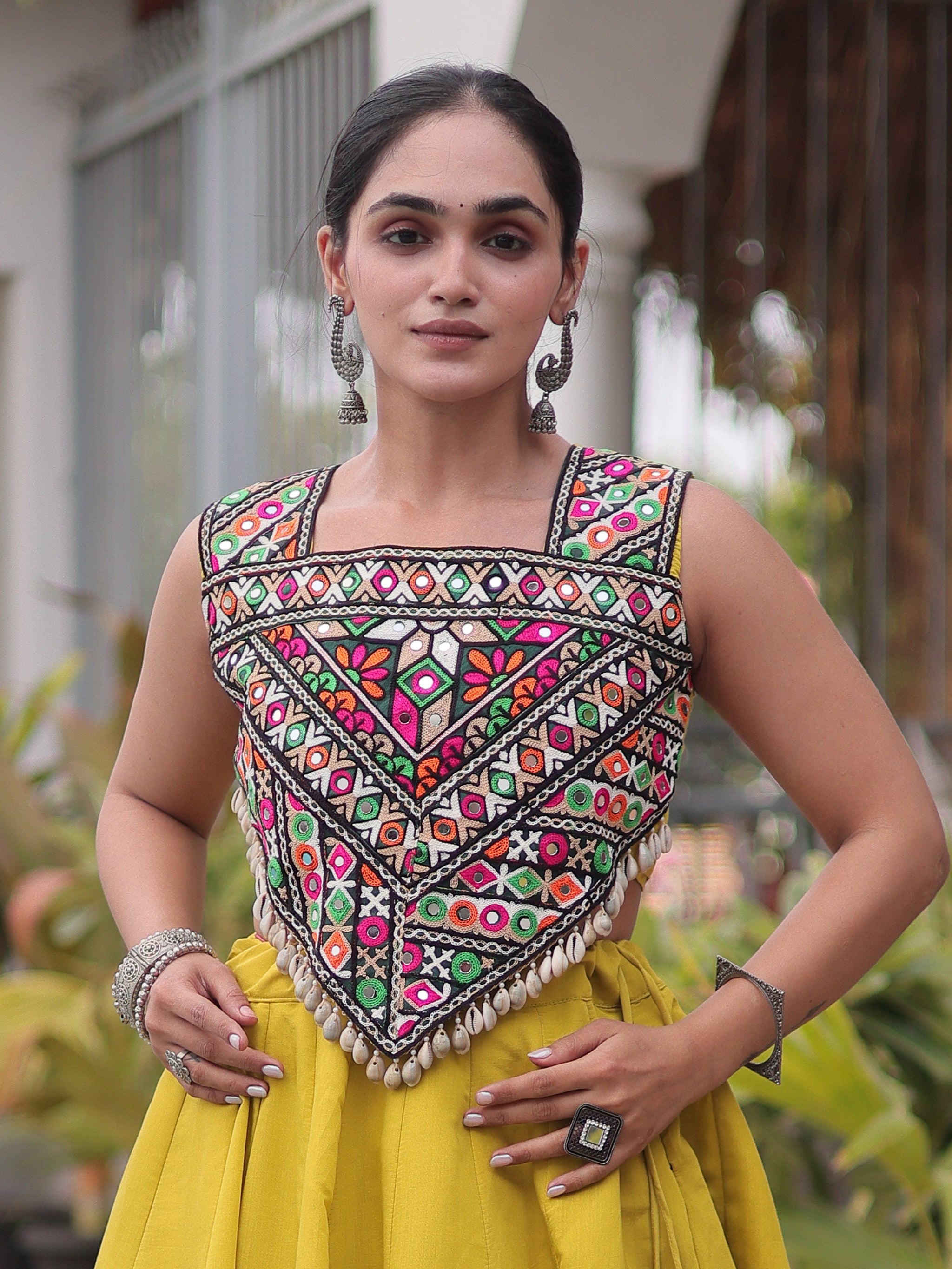 Navratri Wear Coconut Gota Work Mustard Yellow Roman Lehenga Choli