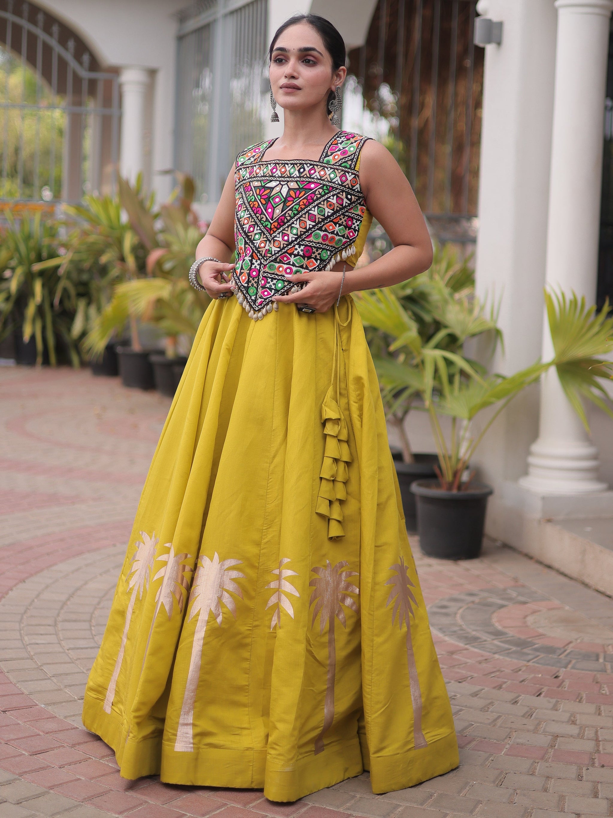 Navratri Wear Coconut Gota Work Mustard Yellow Roman Lehenga Choli