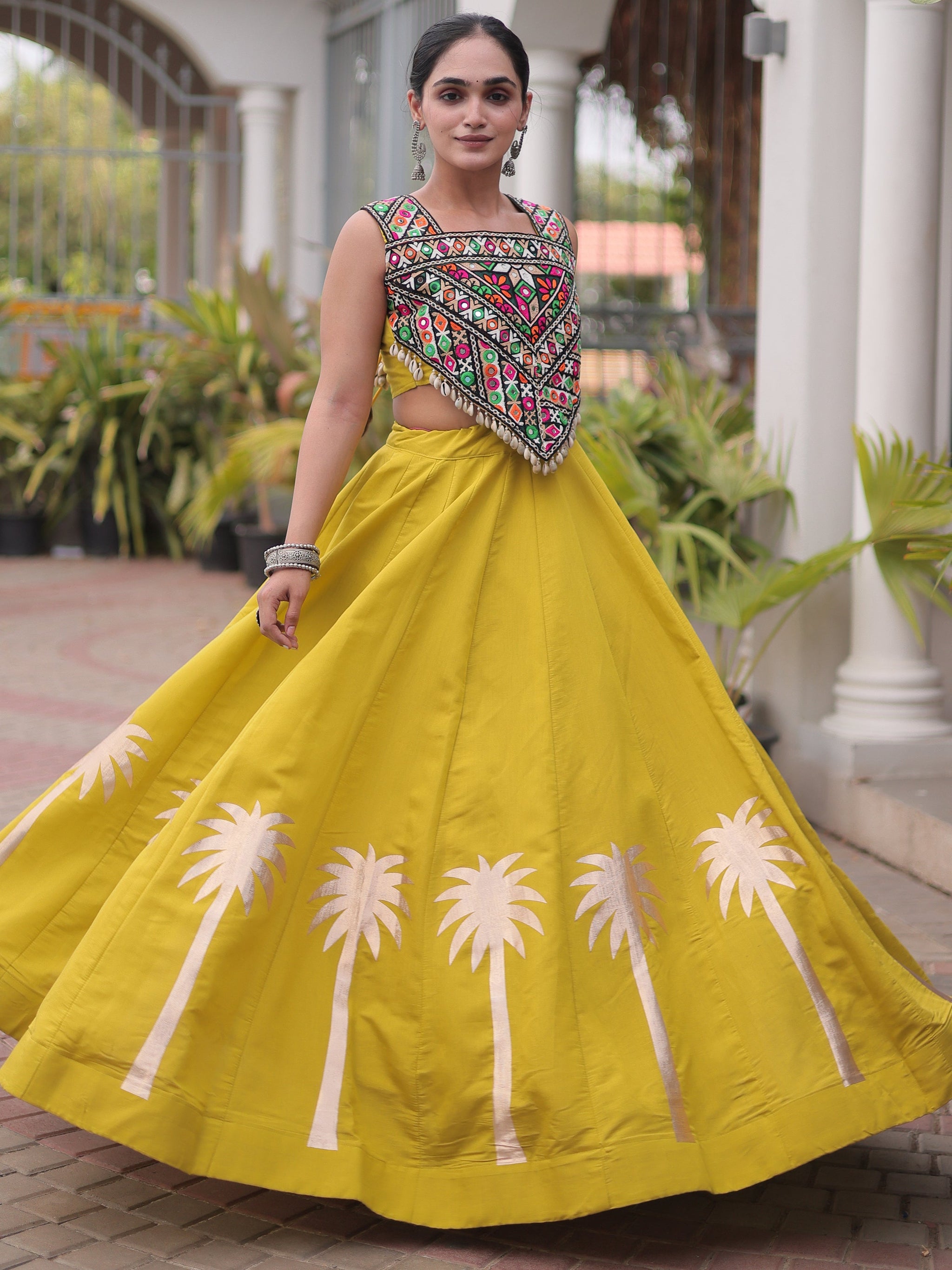 Navratri Wear Coconut Gota Work Mustard Yellow Roman Lehenga Choli