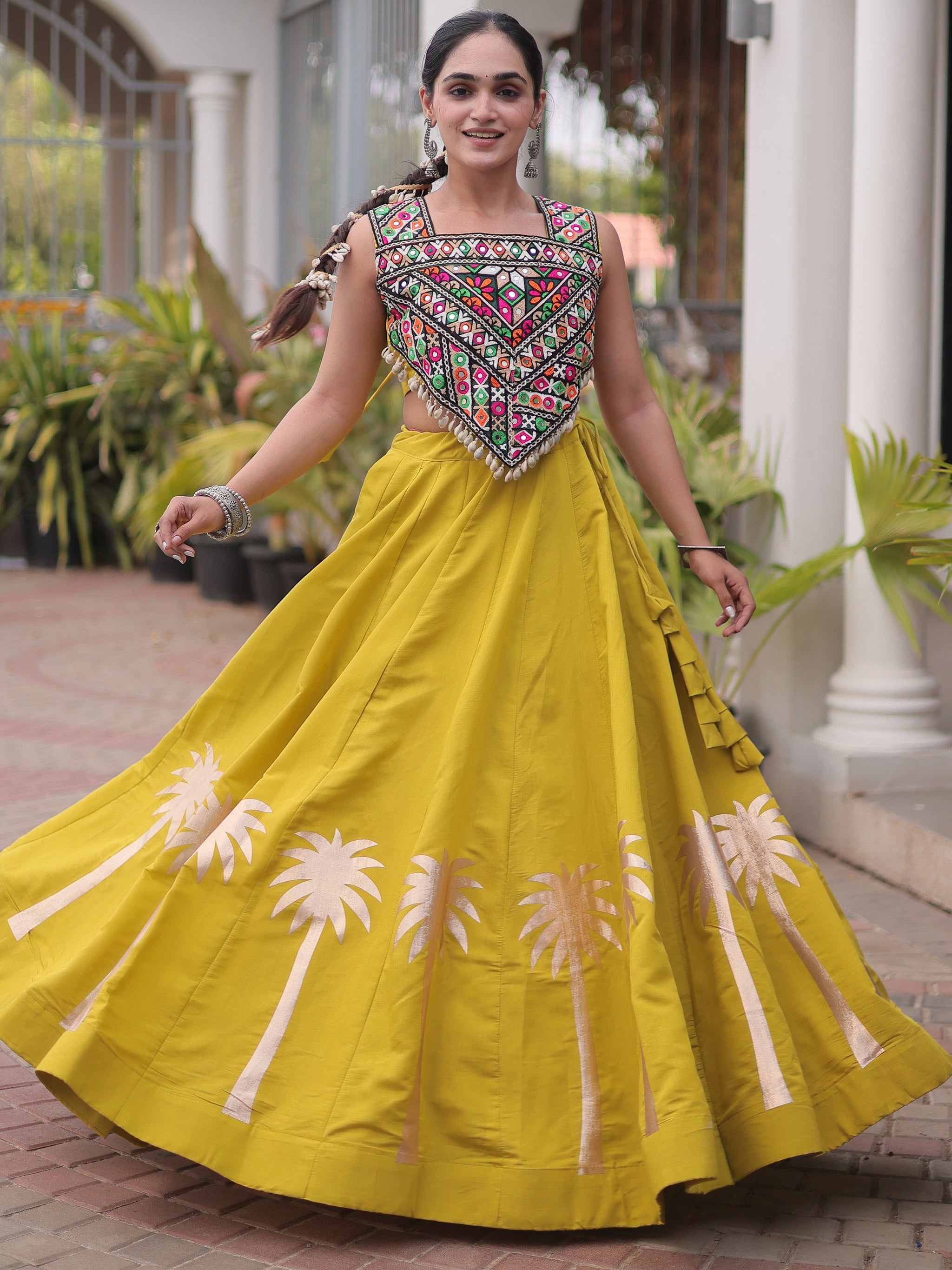 Navratri Wear Coconut Gota Work Mustard Yellow Roman Lehenga Choli