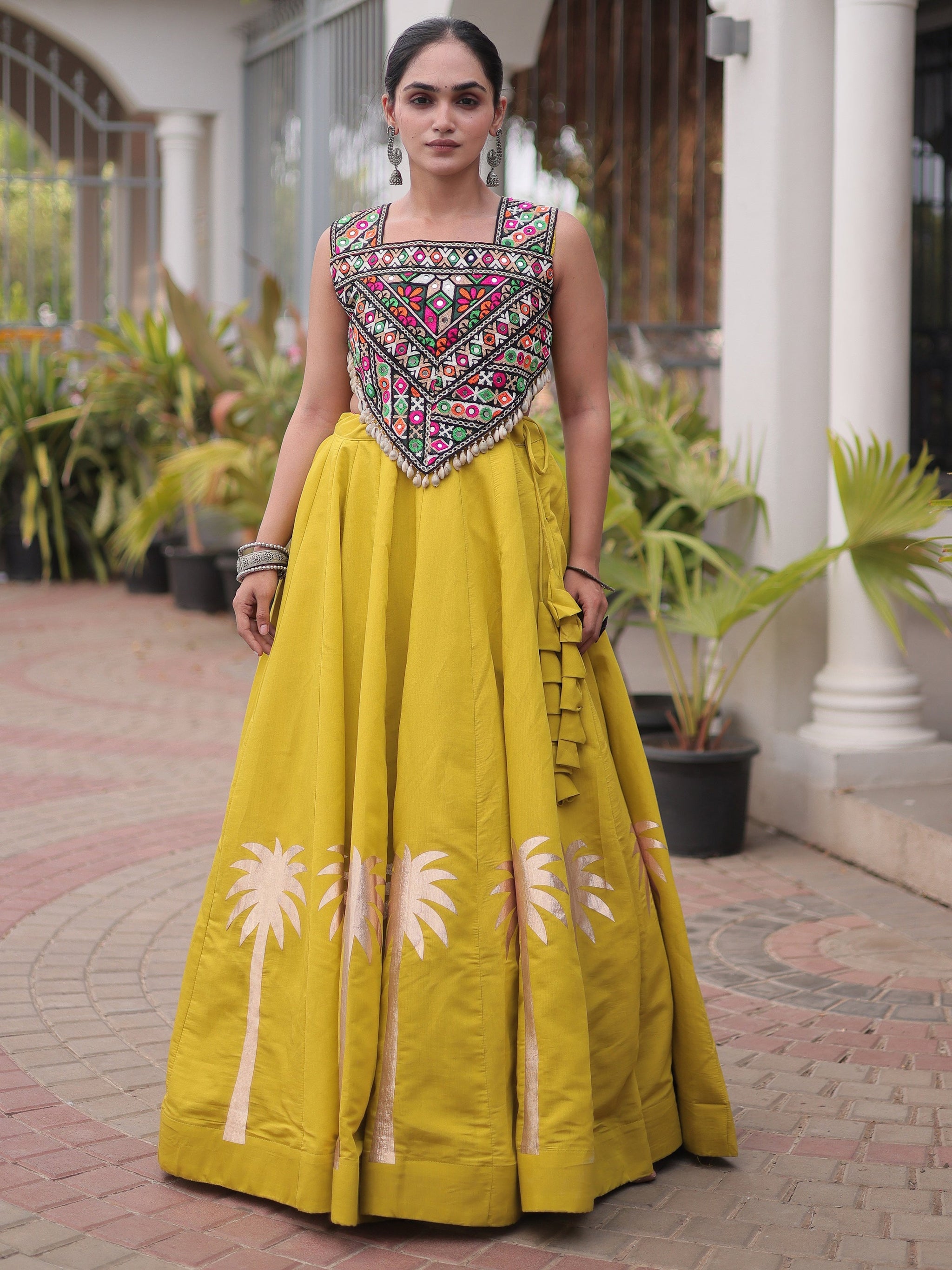 Navratri Wear Coconut Gota Work Mustard Yellow Roman Lehenga Choli