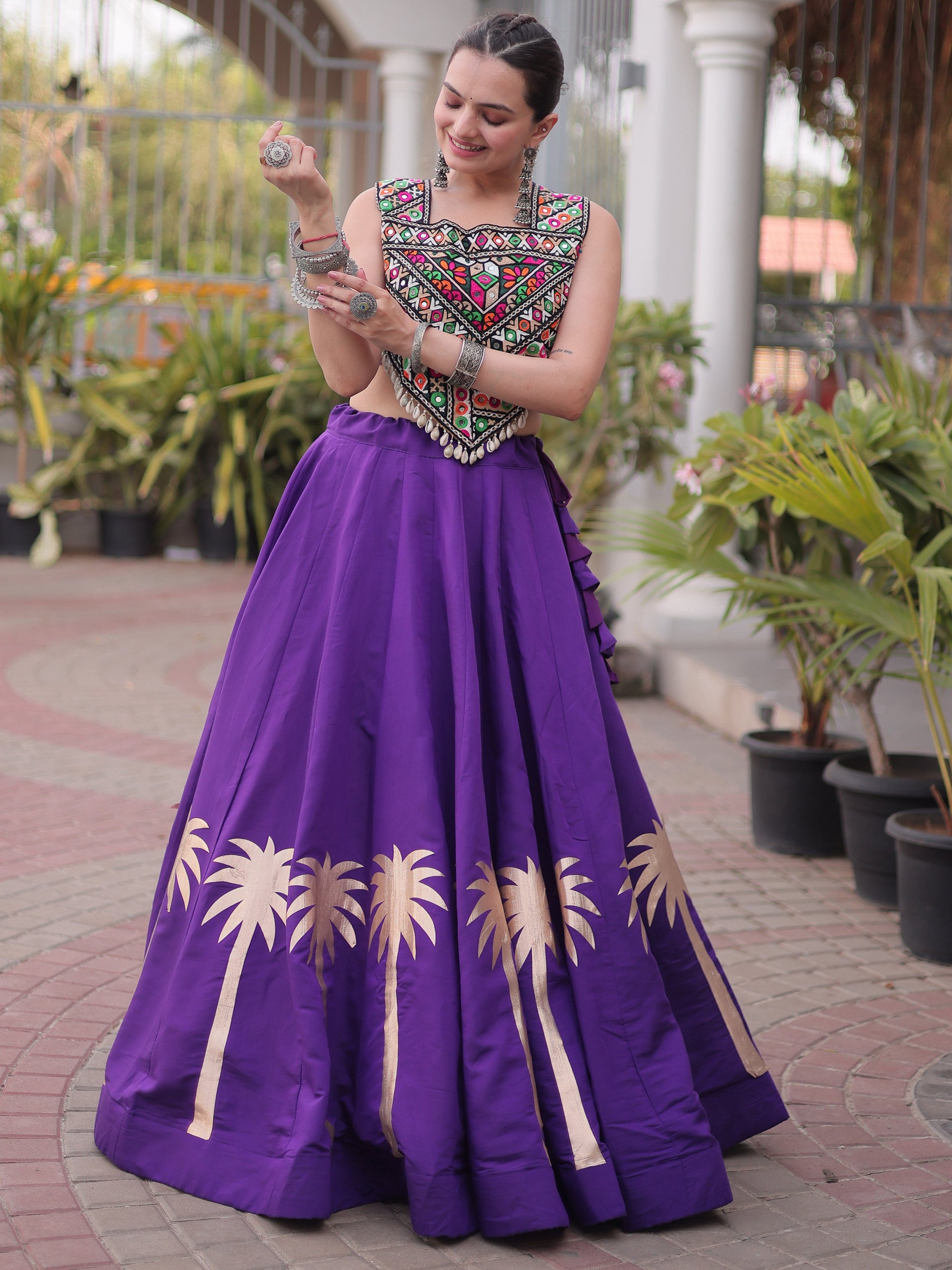 Ready To Wear Purple Roman Kutchi Embroidery Navratri Lehenga Choli