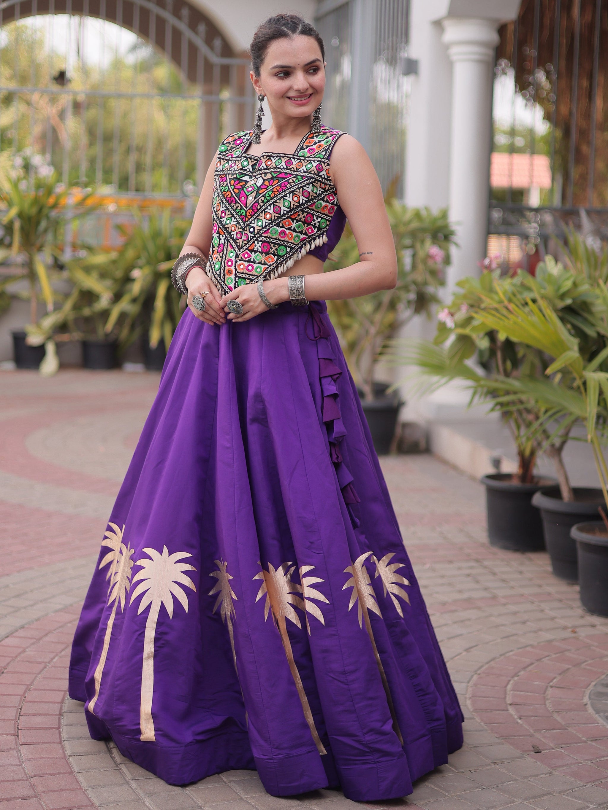 Ready To Wear Purple Roman Kutchi Embroidery Navratri Lehenga Choli