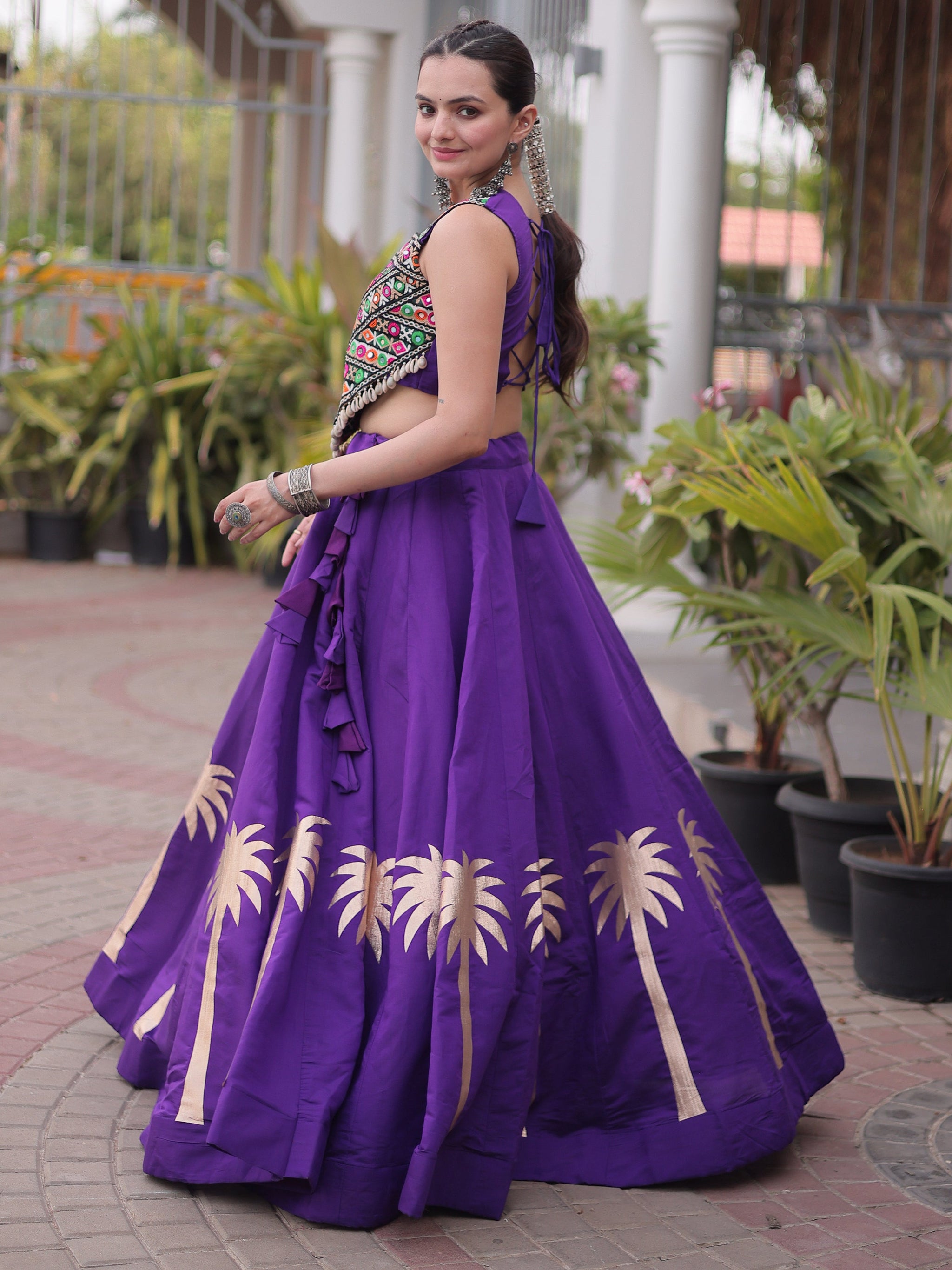 Ready To Wear Purple Roman Kutchi Embroidery Navratri Lehenga Choli