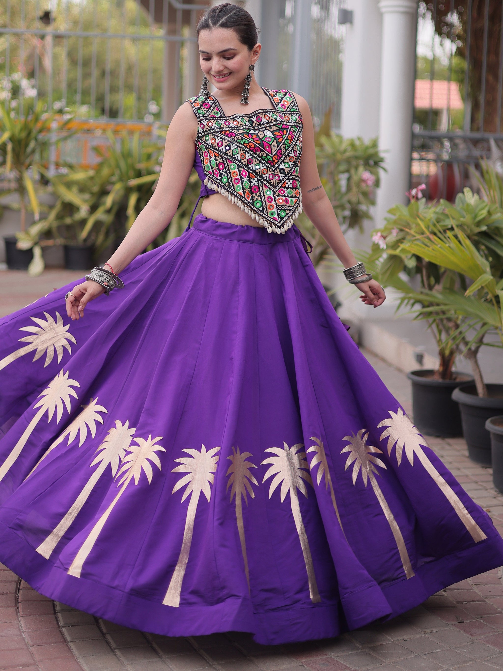 Ready To Wear Purple Roman Kutchi Embroidery Navratri Lehenga Choli