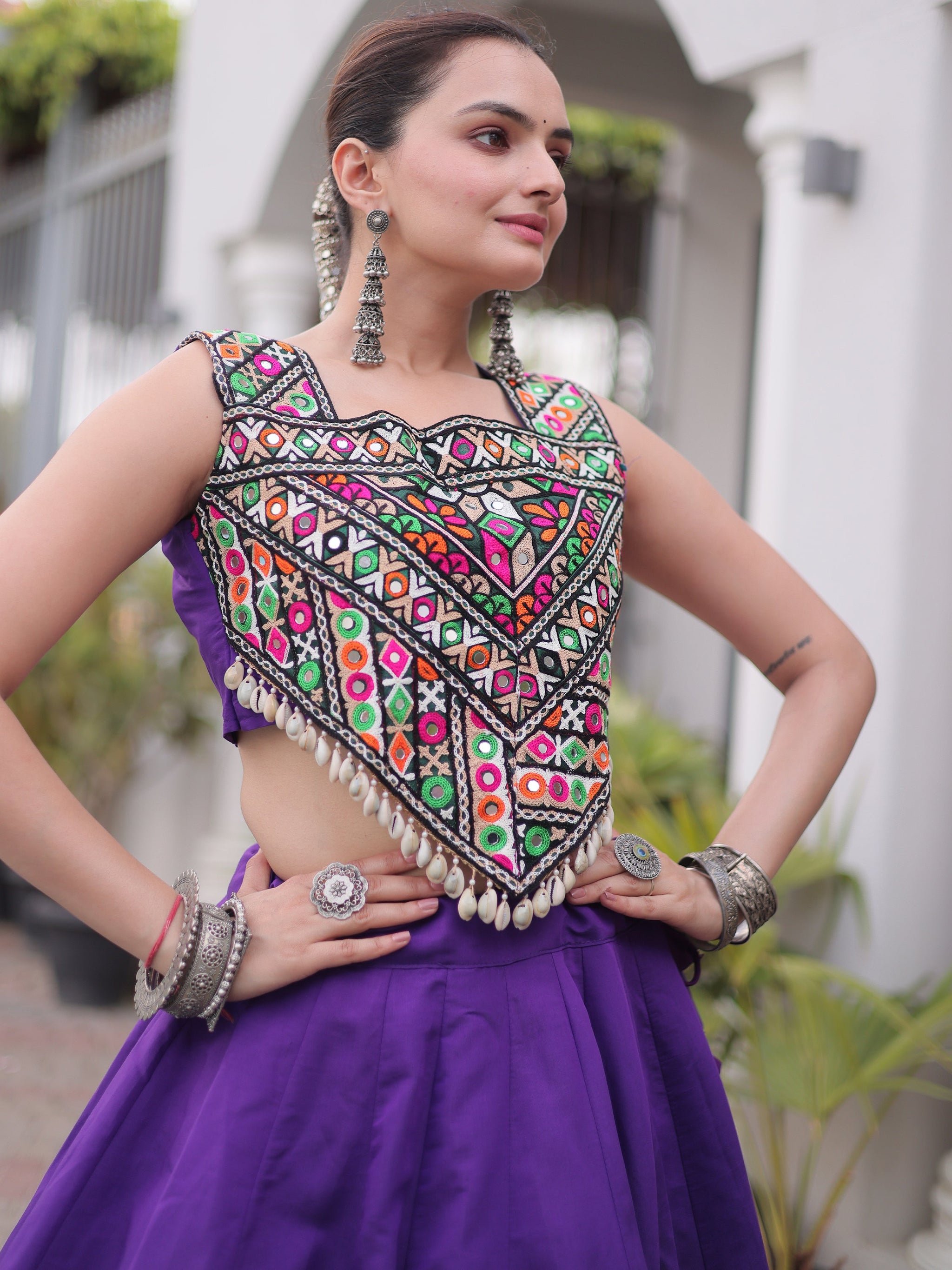 Ready To Wear Purple Roman Kutchi Embroidery Navratri Lehenga Choli