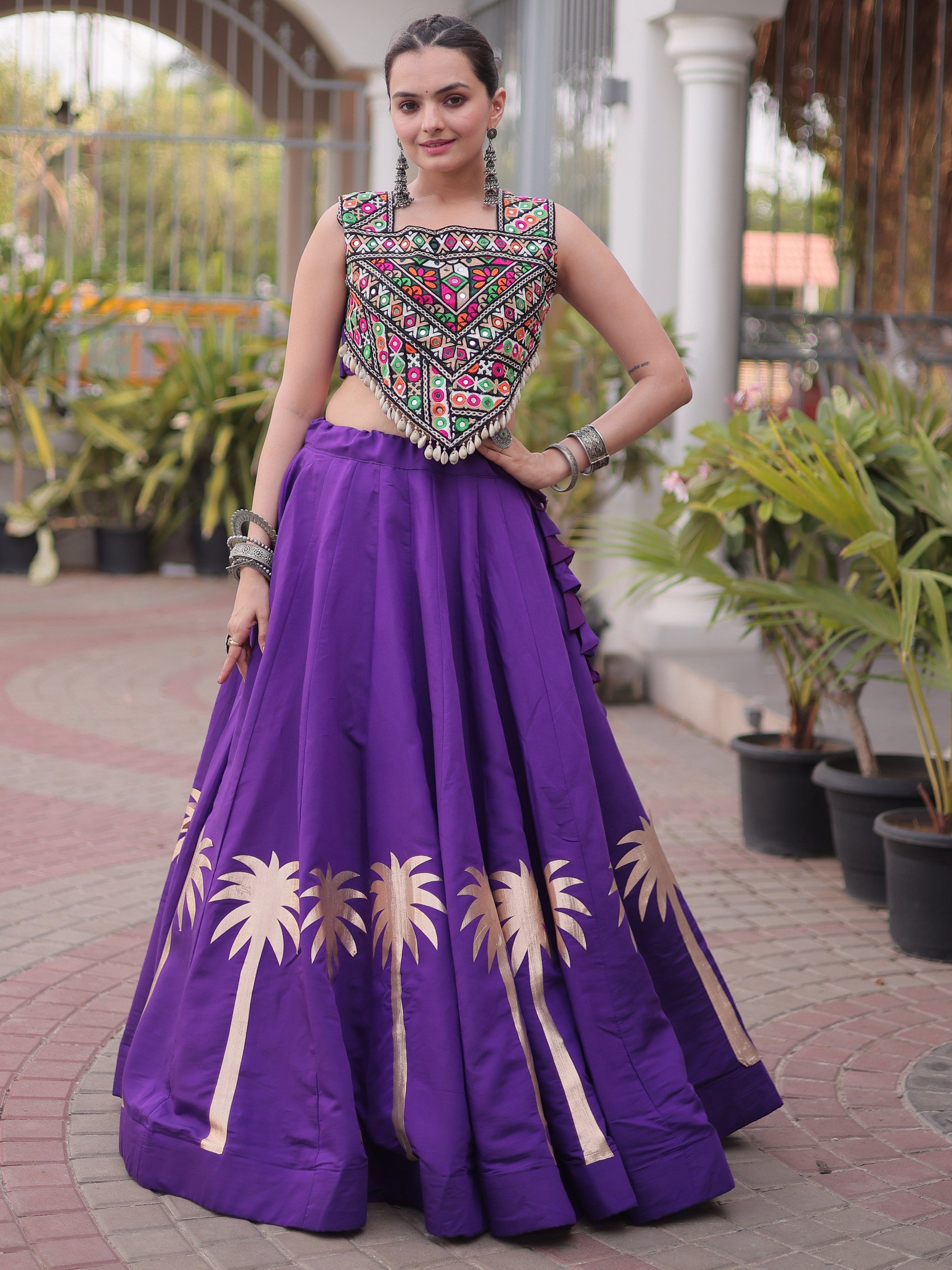 Ready To Wear Purple Roman Kutchi Embroidery Navratri Lehenga Choli