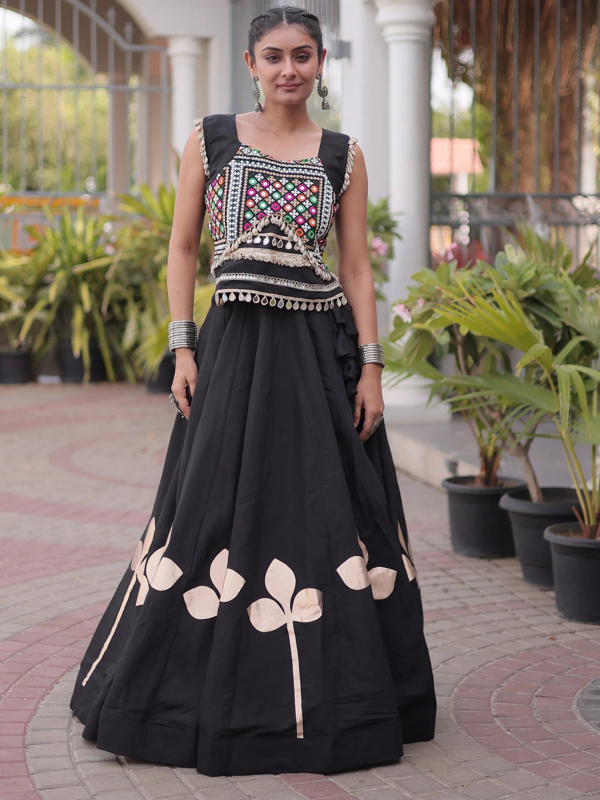 Awesome Black Kutchi Work Silk Navratri Special Lehenga Choli